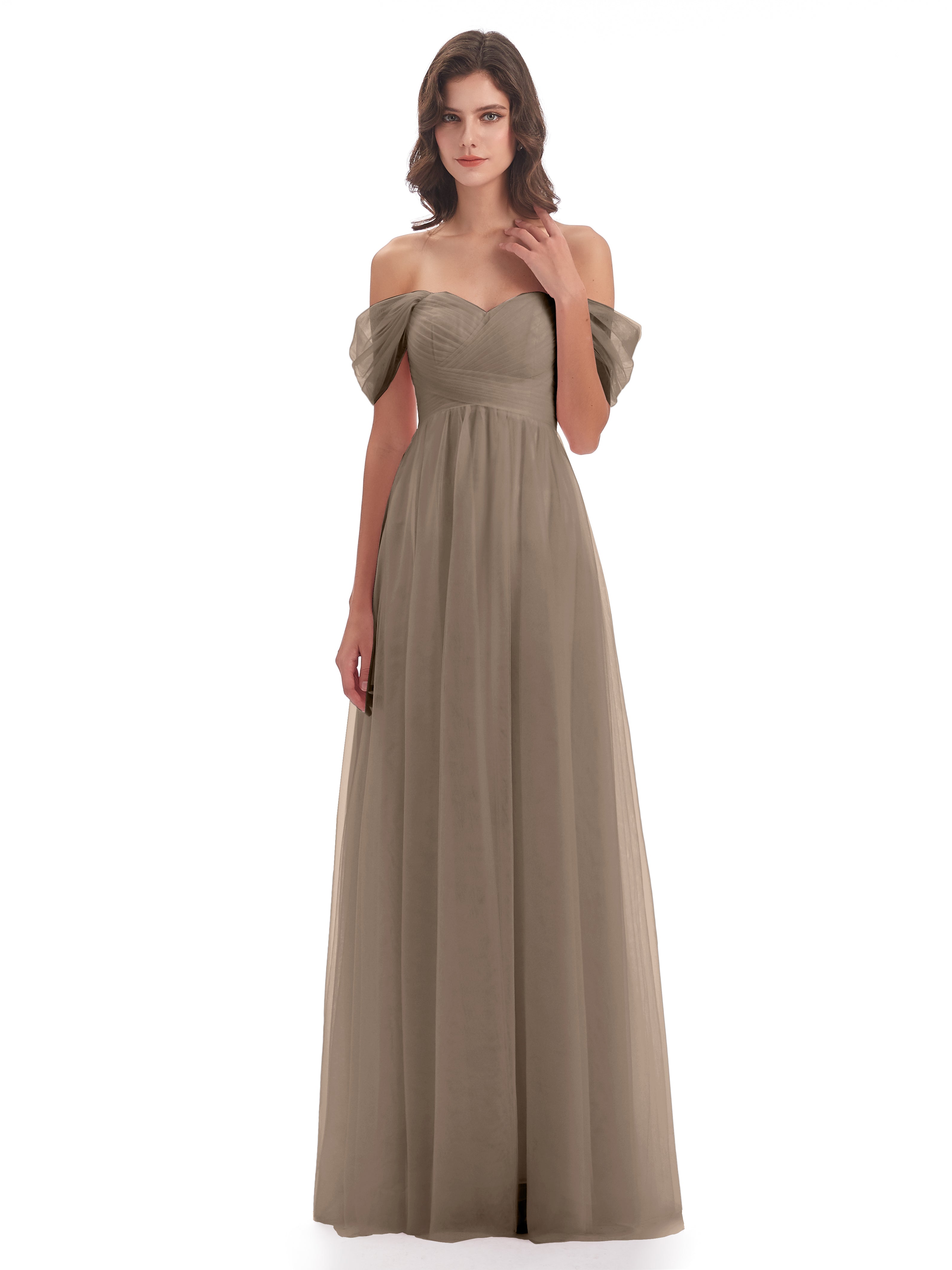 Robe Taupe Demoiselle D Honneur Trapèze Hors-La-Épaule Tulle Longue Robes Demoiselle D'Honneur