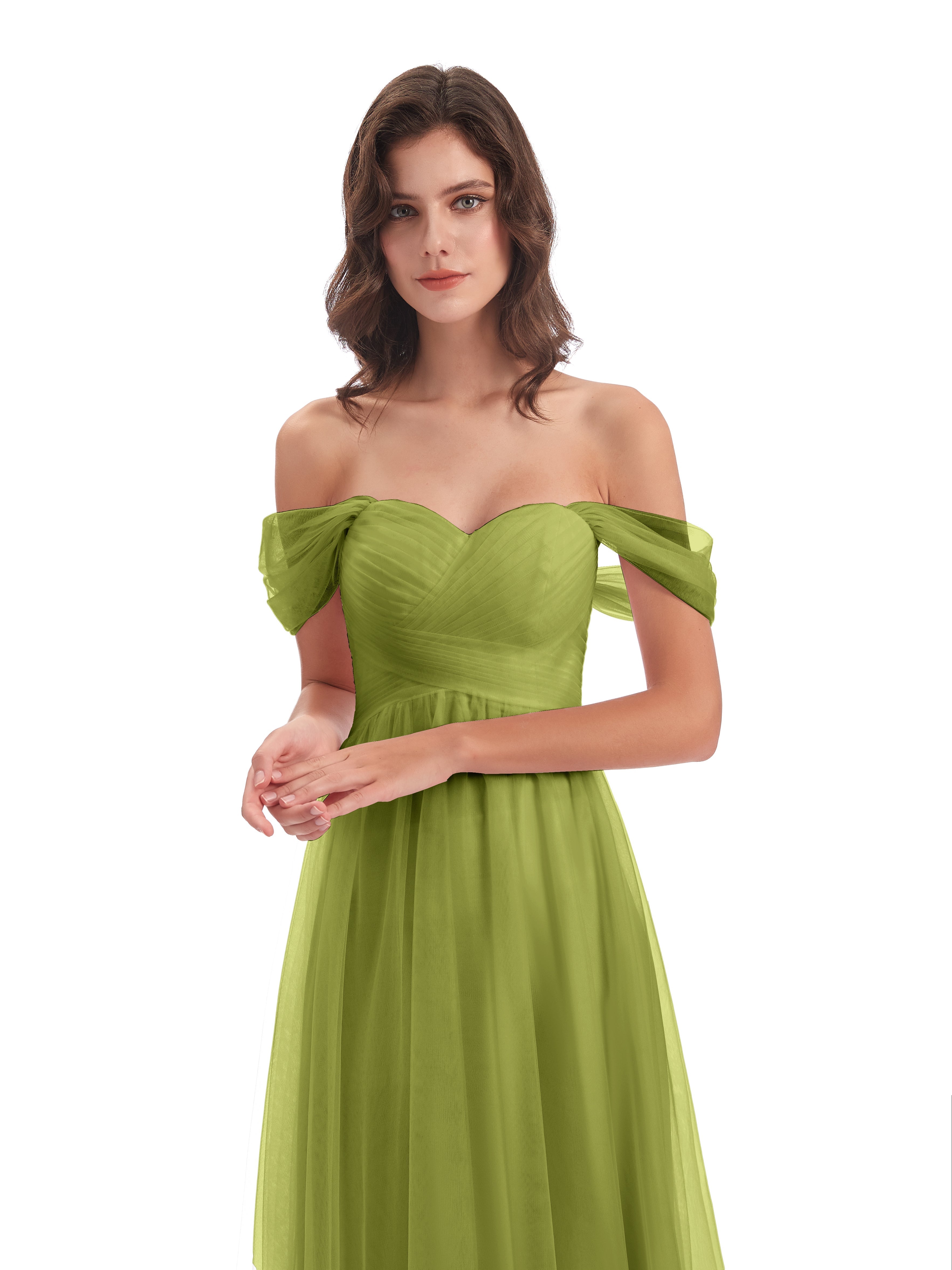 Robes De Demoiselle D'Honneur Trèfle Trapèze Hors-La-Épaule Tulle Longue Robes Demoiselle D'Honneur