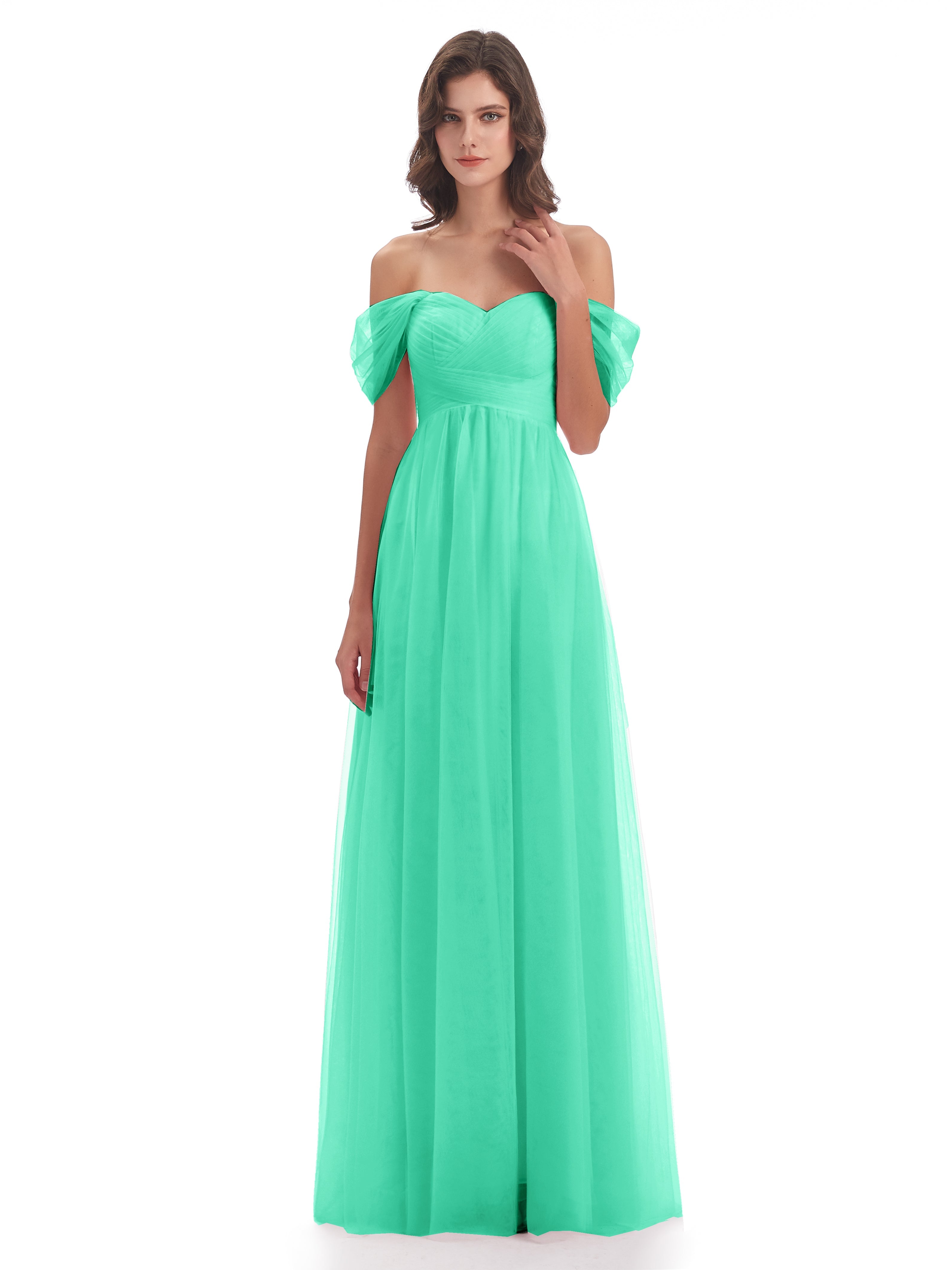 Demoiselle Dhonneur Robe Turquoise Trapèze Hors-La-Épaule Tulle Longue Robes Demoiselle D'Honneur