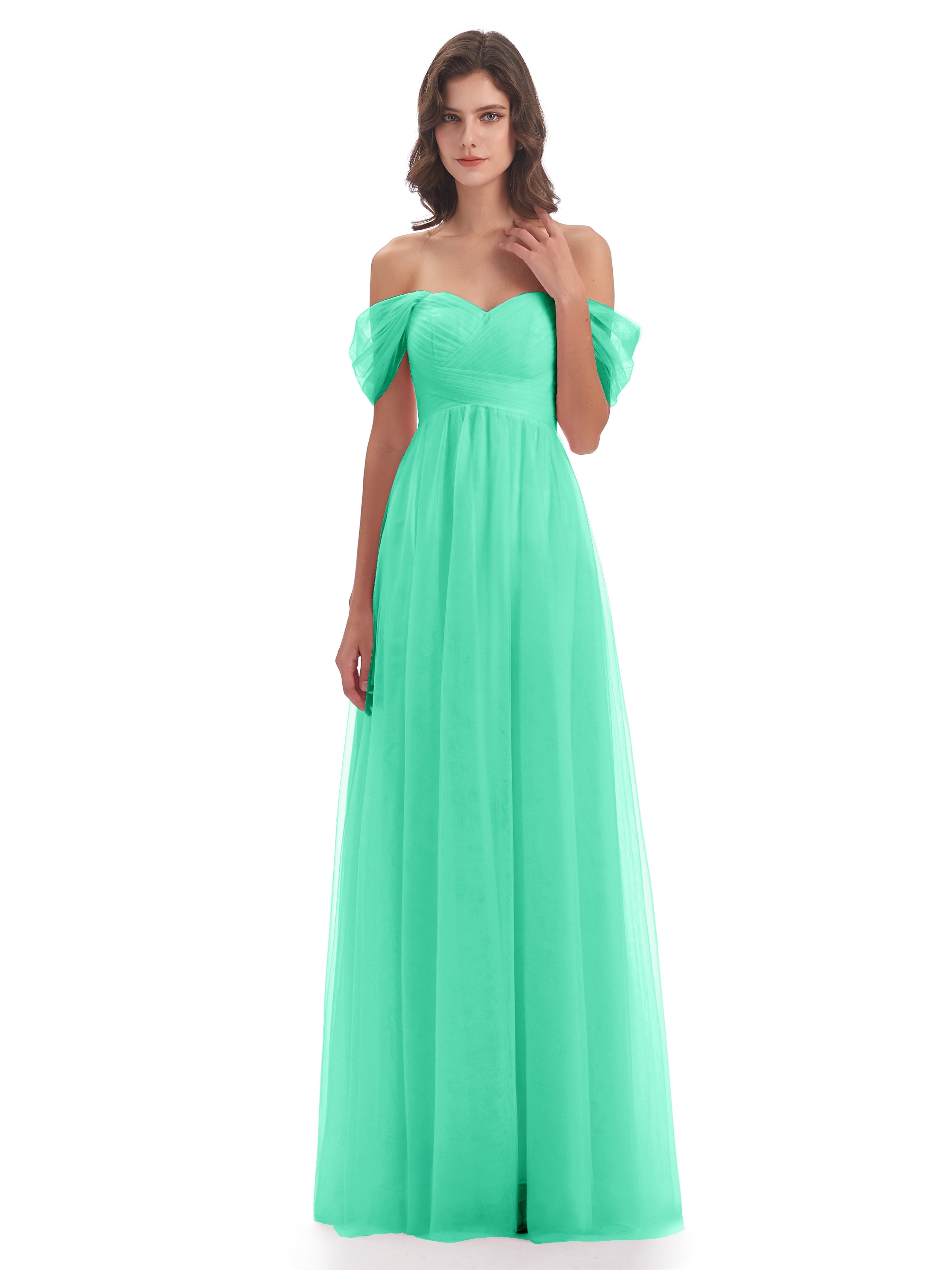 Demoiselle Dhonneur Robe Turquoise Trapèze Hors-La-Épaule Tulle Longue Robes Demoiselle D'Honneur
