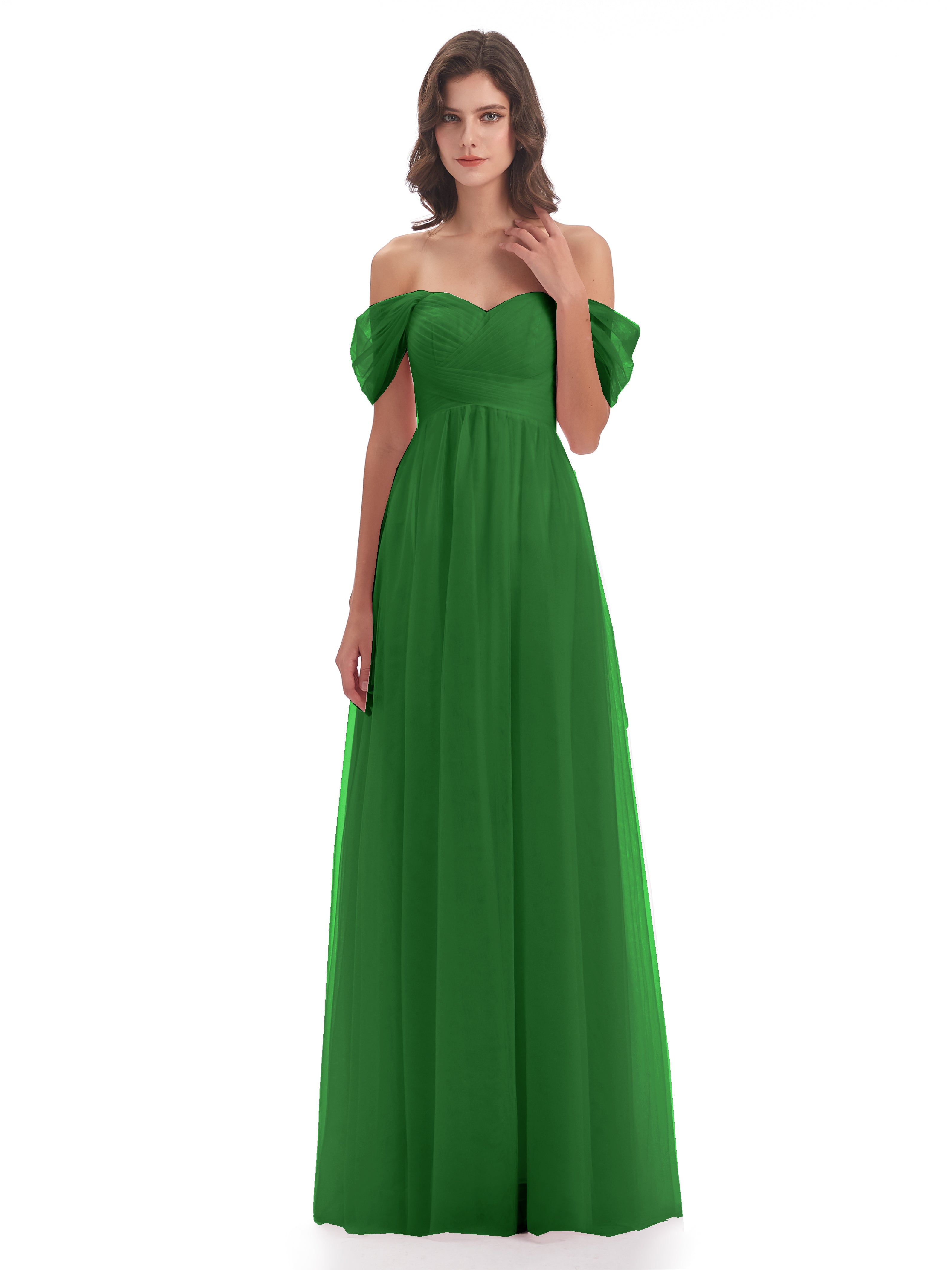 Robe Demoiselle D Honneur Verte Trapèze Hors-La-Épaule Tulle Longue Robes Demoiselle D'Honneur