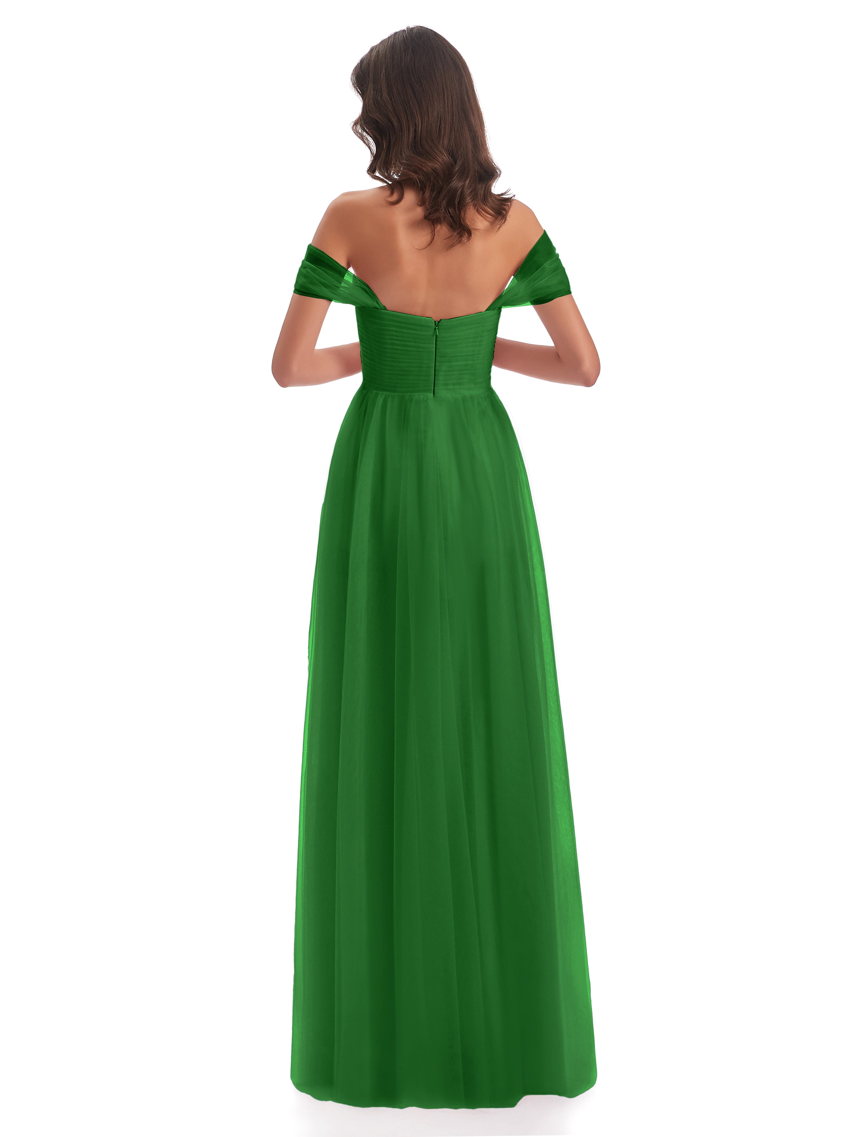 Robe Demoiselle D Honneur Verte Trapèze Hors-La-Épaule Tulle Longue Robes Demoiselle D'Honneur