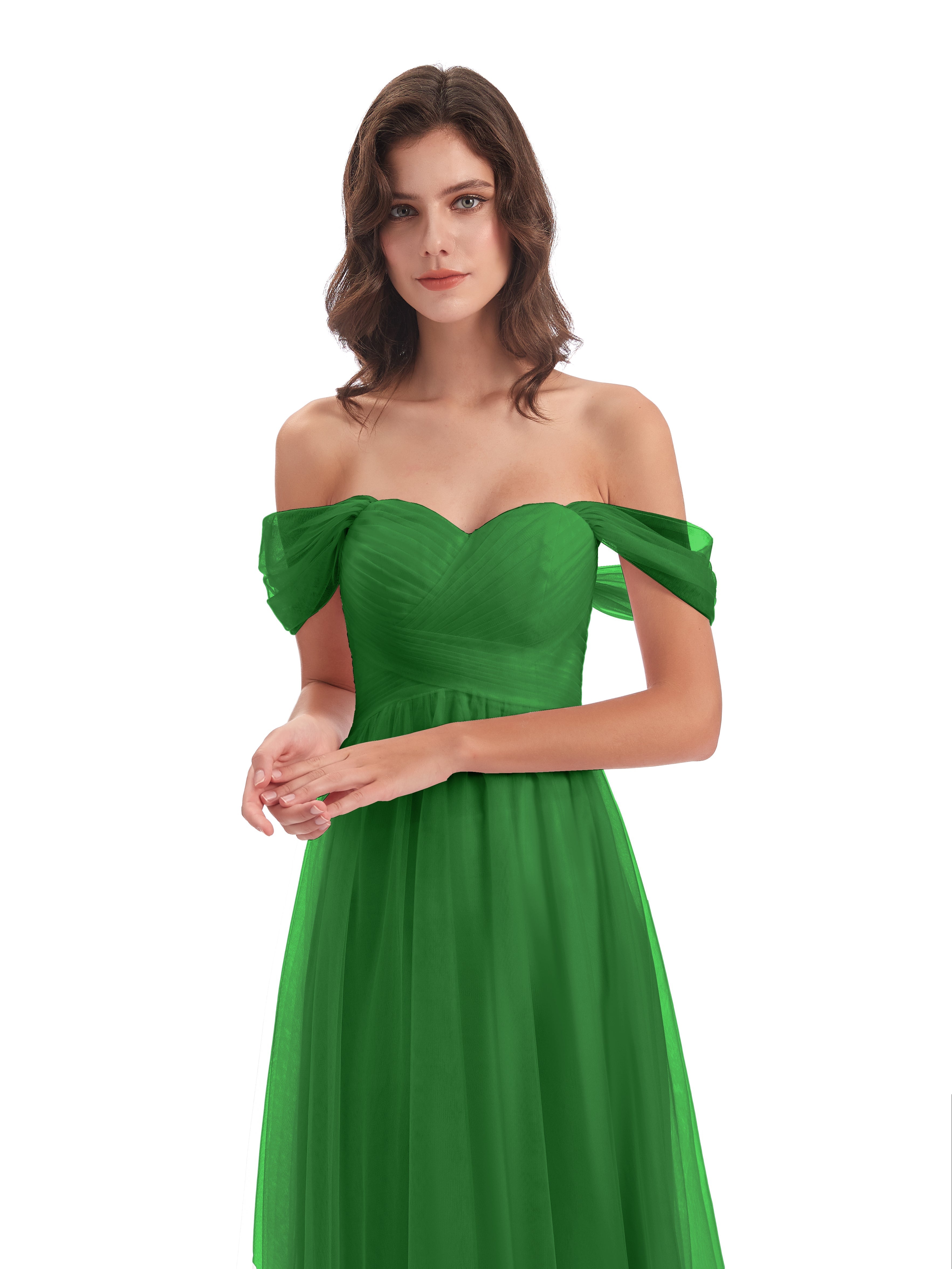 Robe Demoiselle D Honneur Verte Trapèze Hors-La-Épaule Tulle Longue Robes Demoiselle D'Honneur