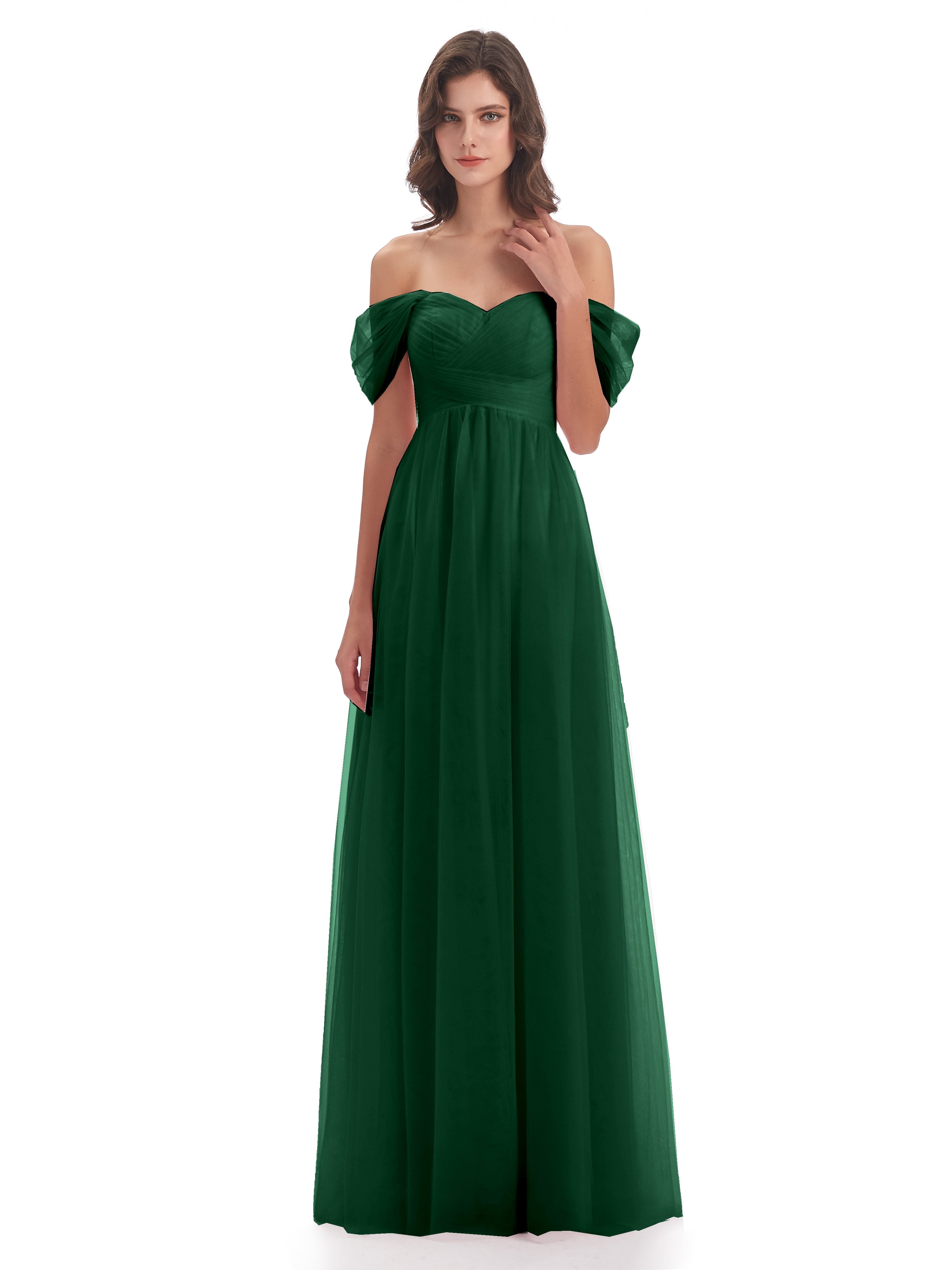 Robe Demoiselle D Honneur Vert Foncé Trapèze Hors-La-Épaule Tulle Longue Robes Demoiselle D'Honneur
