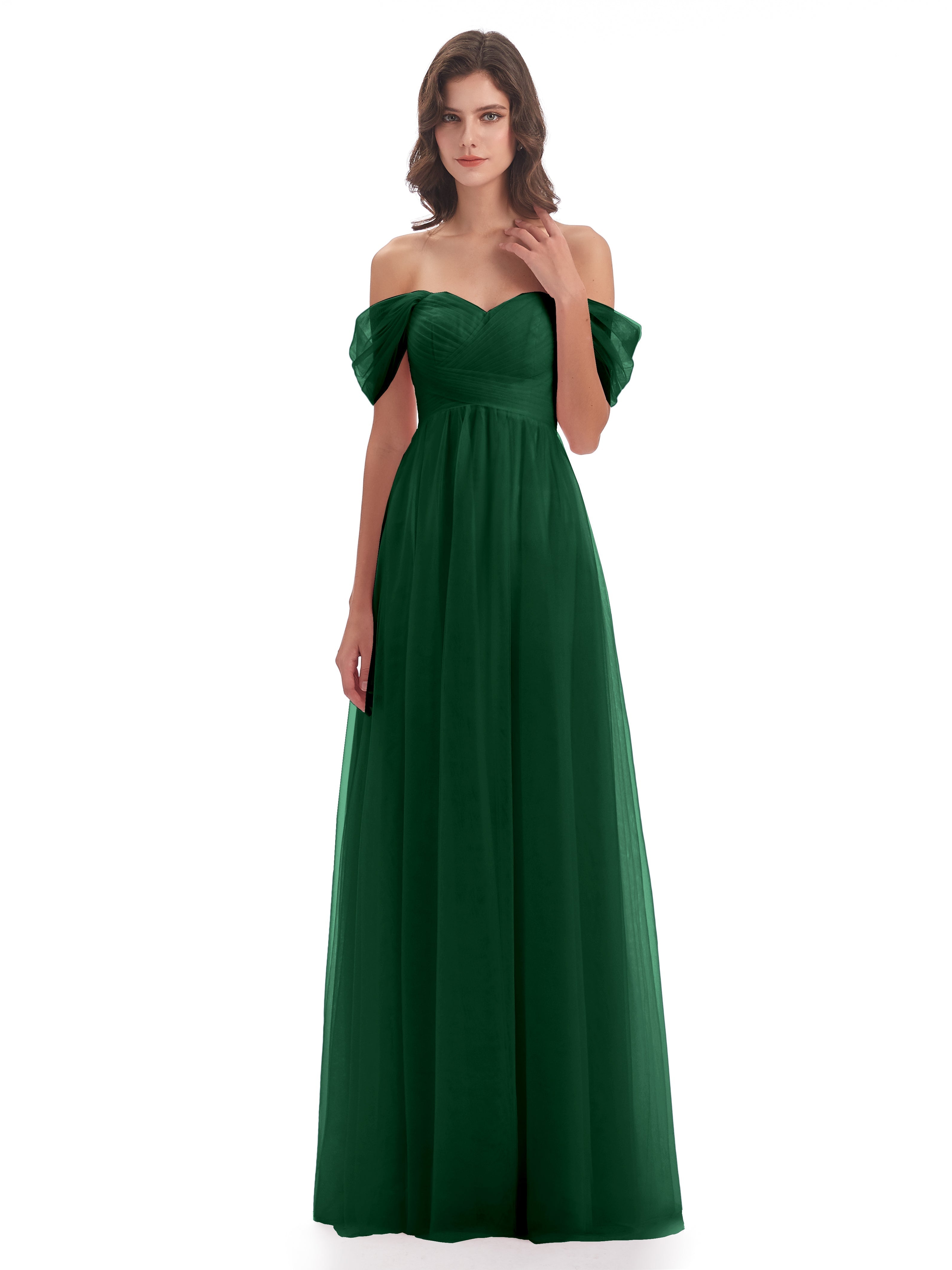 Robe Demoiselle D Honneur Vert Foncé Trapèze Hors-La-Épaule Tulle Longue Robes Demoiselle D'Honneur