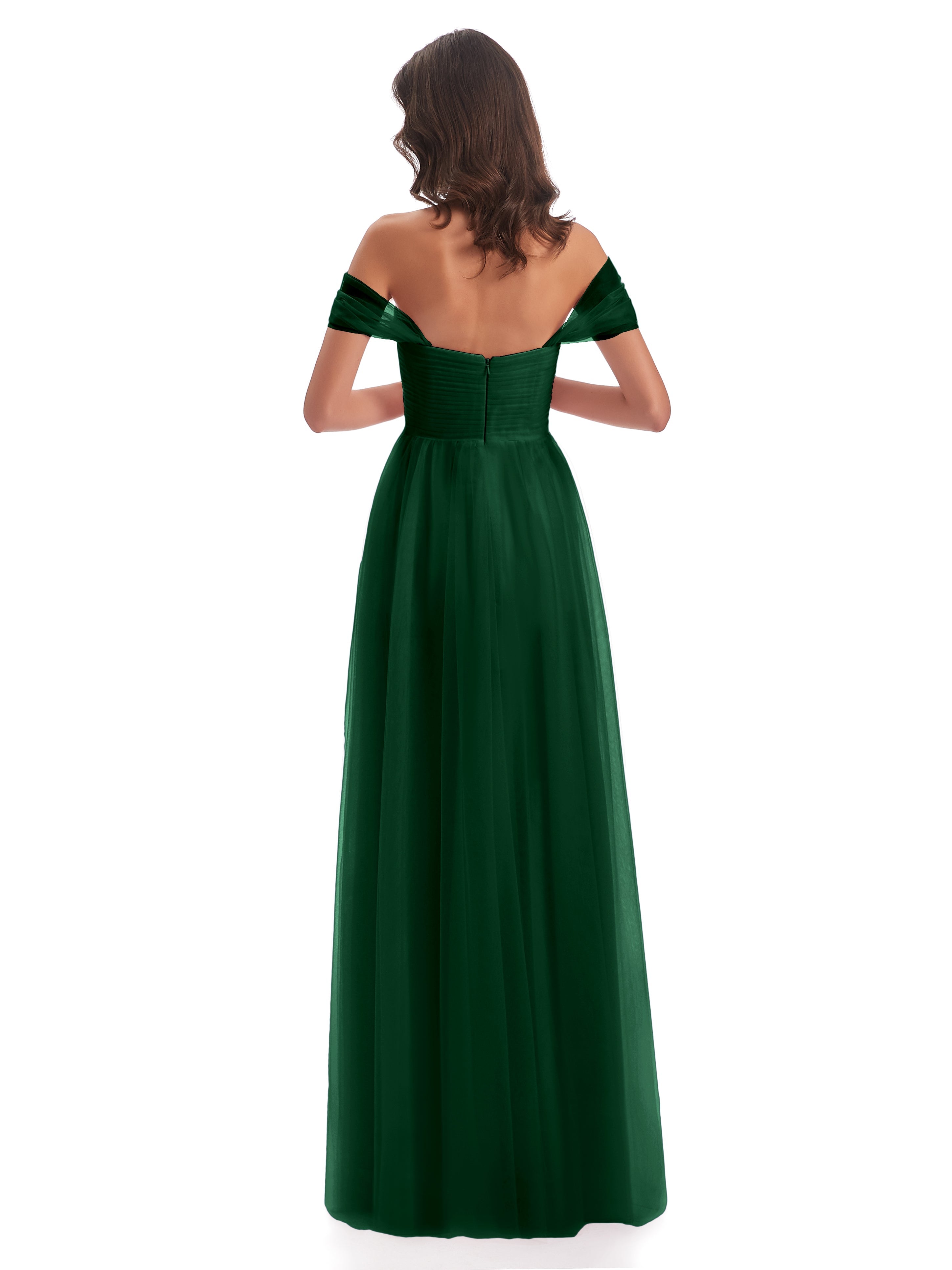 Robe Demoiselle D Honneur Vert Foncé Trapèze Hors-La-Épaule Tulle Longue Robes Demoiselle D'Honneur