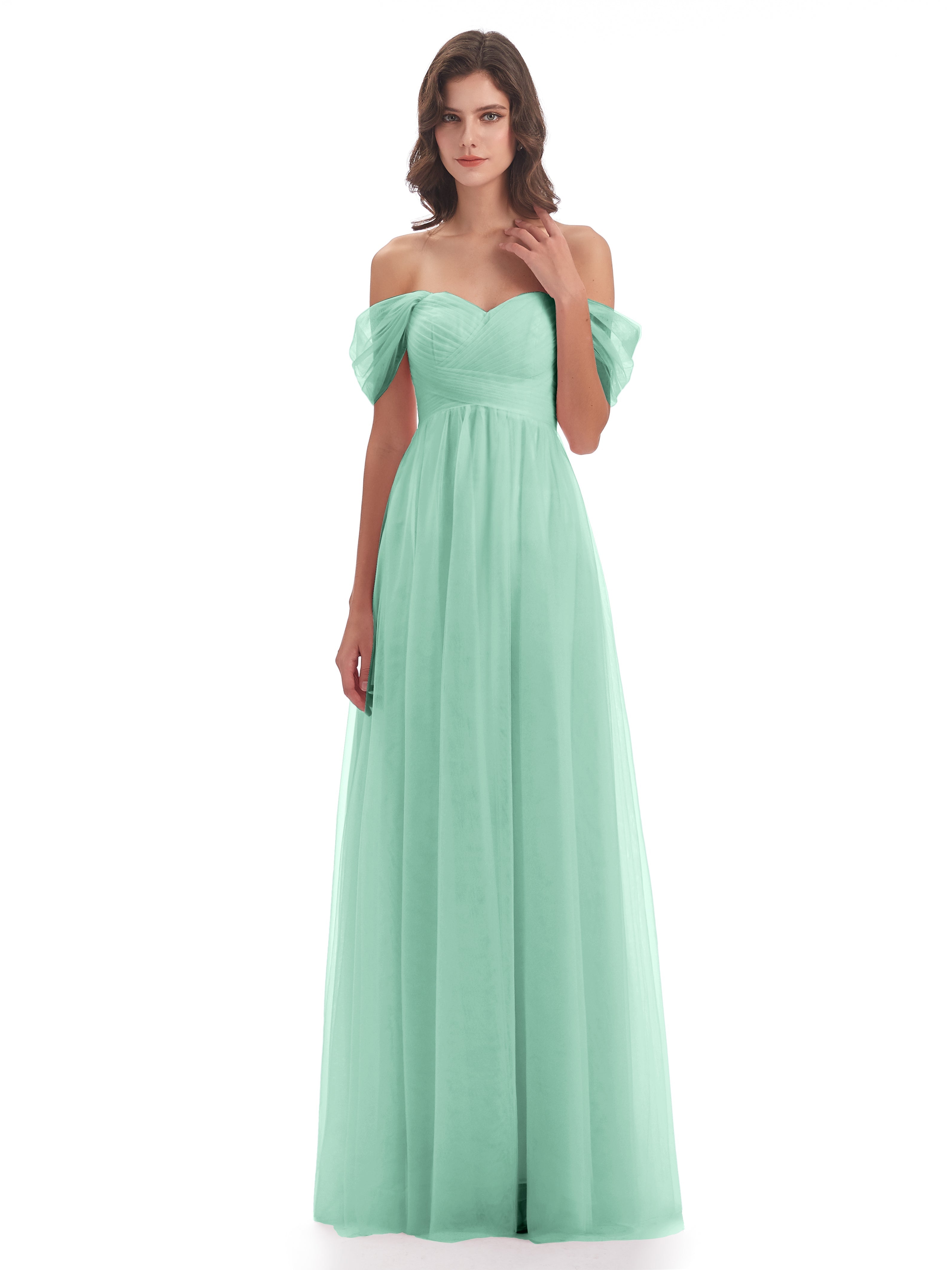 Robe Demoiselle D Honneur Menthe Trapèze Hors-La-Épaule Tulle Longue Robes Demoiselle D'Honneur