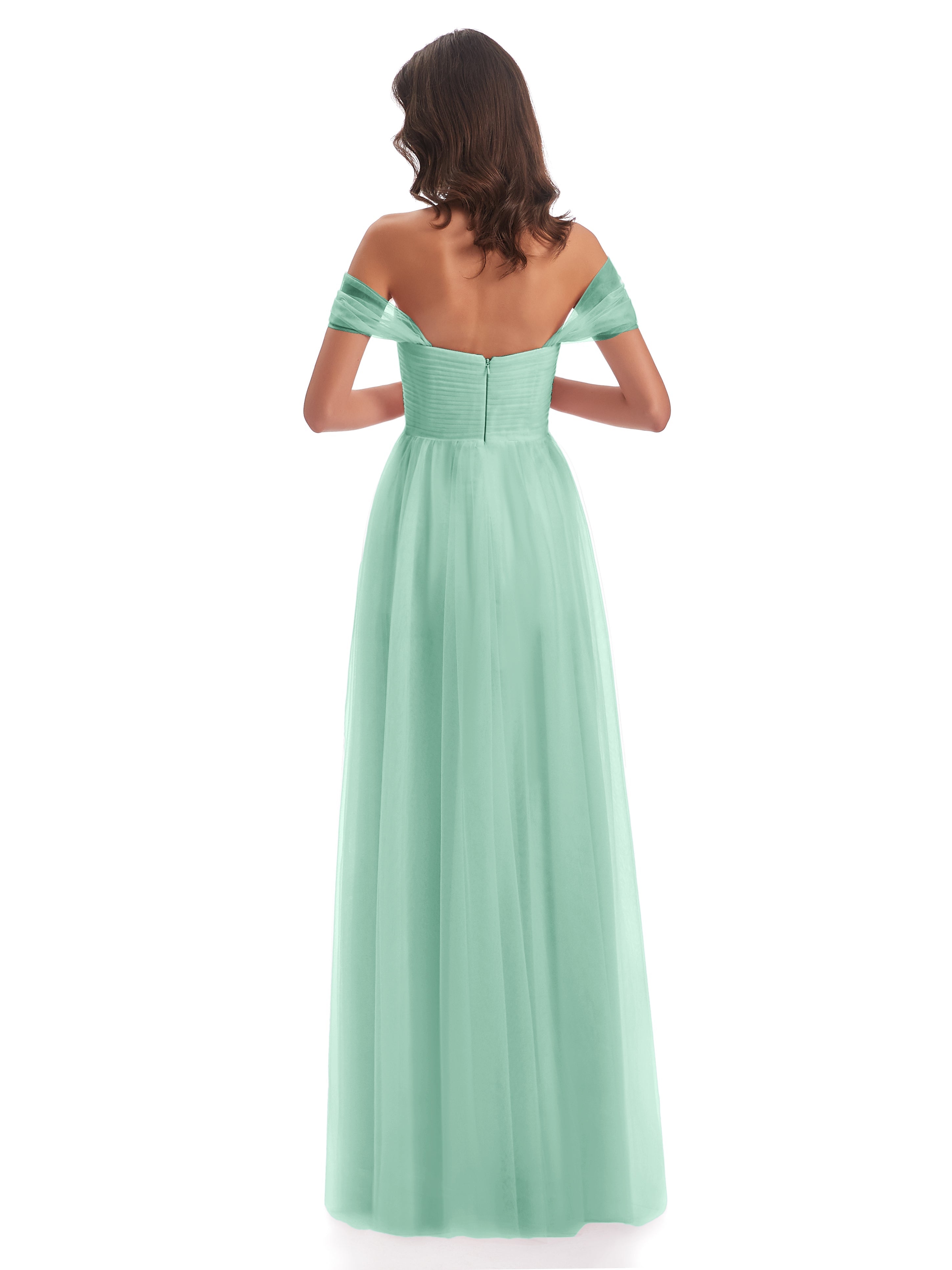 Robe Demoiselle D Honneur Menthe Trapèze Hors-La-Épaule Tulle Longue Robes Demoiselle D'Honneur