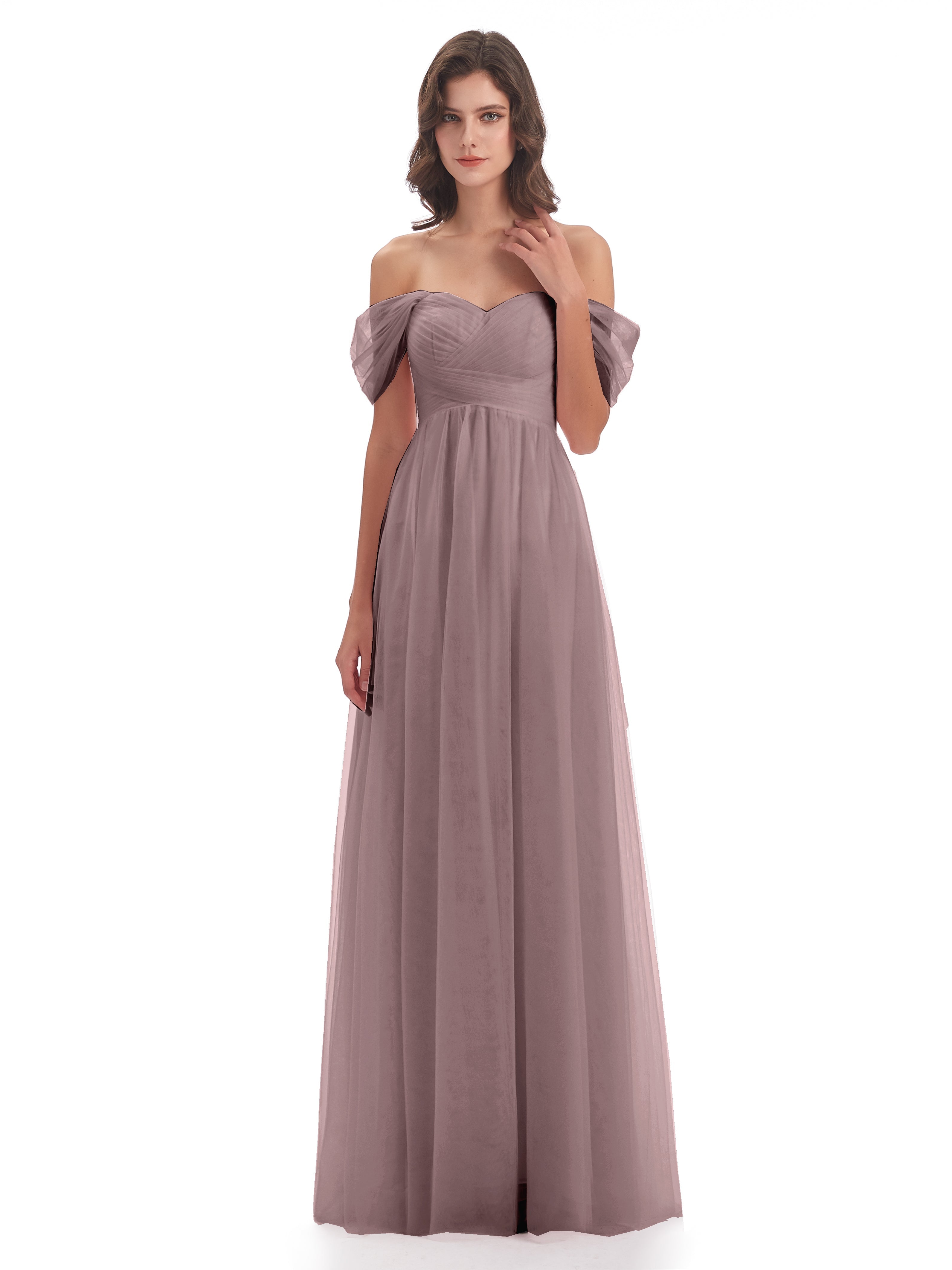 Robes De Demoiselle D'Honneur Mauve Foncé Trapèze Hors-La-Épaule Tulle Longue Robes Demoiselle D'Honneur