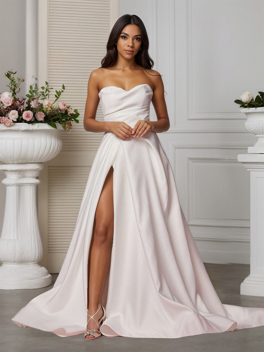 Cicinia Robe de Mariée Longue A-Line sans Bretelles Décolleté Cœur ruchée Fente Latérale avec Traîne Balayée
