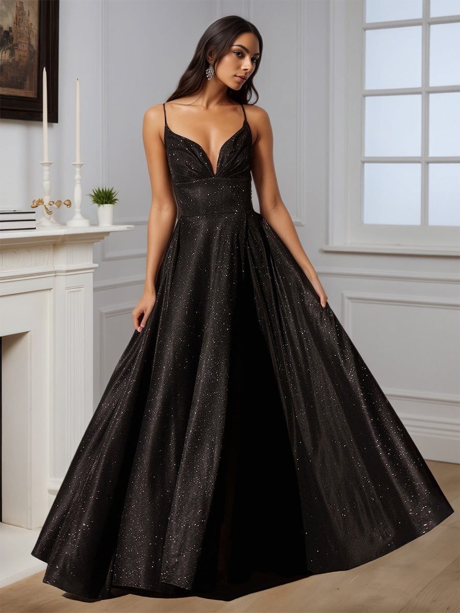 Cicinia Robe de Soirée Noir Longue A-Line à Bretelles Spaghetti Longueur Sol Élégante
