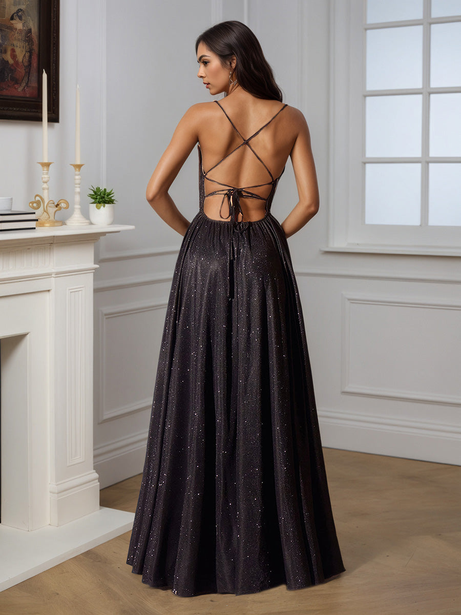 Cicinia Robe de Soirée Noir Longue A-Line à Bretelles Spaghetti Longueur Sol Élégante