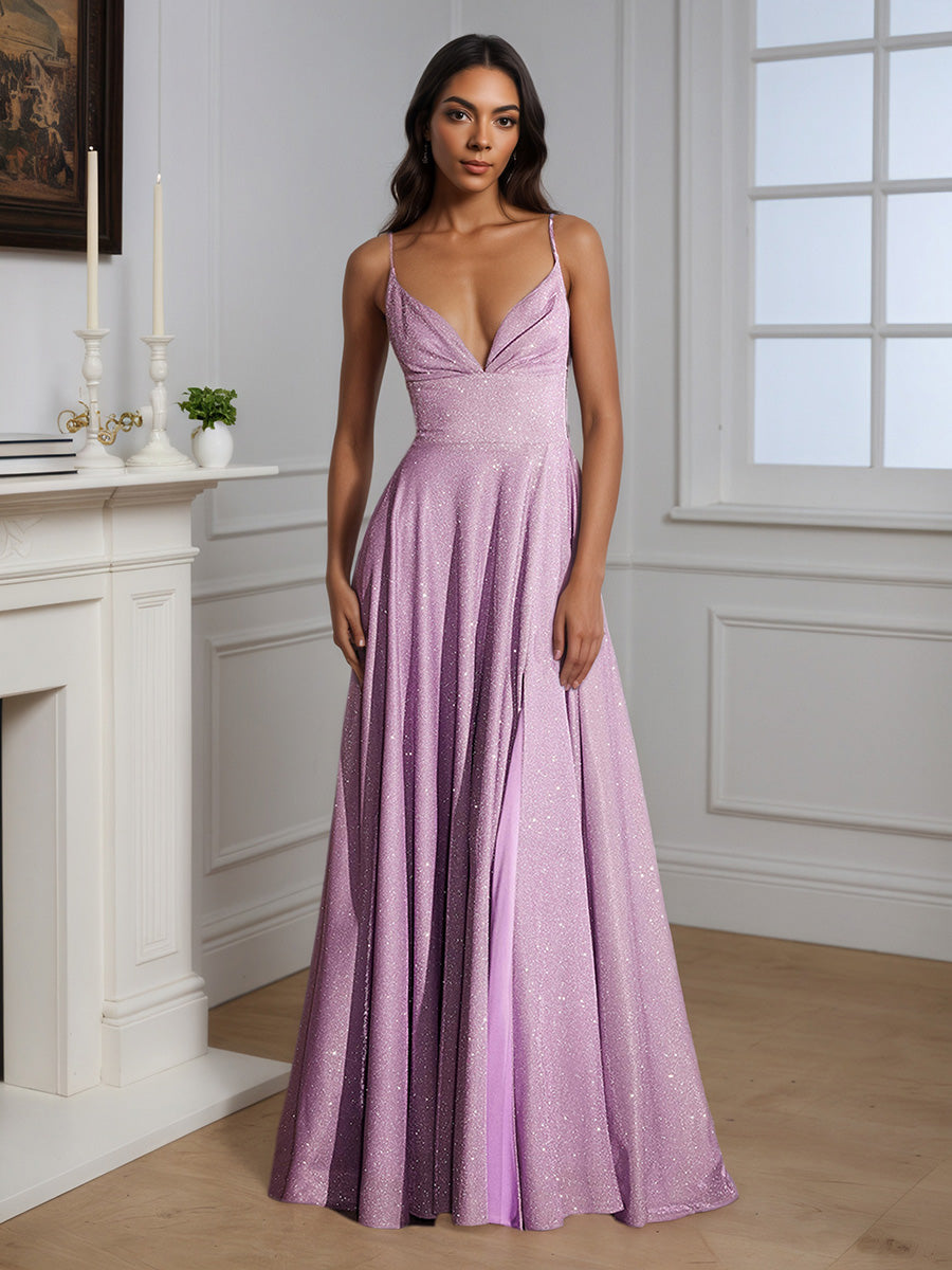 Cicinia Robe de Soirée LILAS Longue A-Line à Bretelles Spaghetti Longueur Sol Élégante