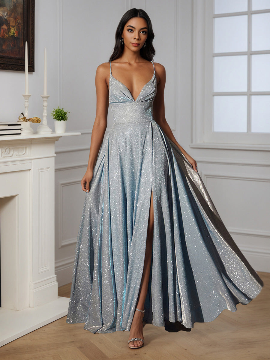 Cicinia Robe de Soirée ARGENT Longue A-Line à Bretelles Spaghetti Longueur Sol Élégante
