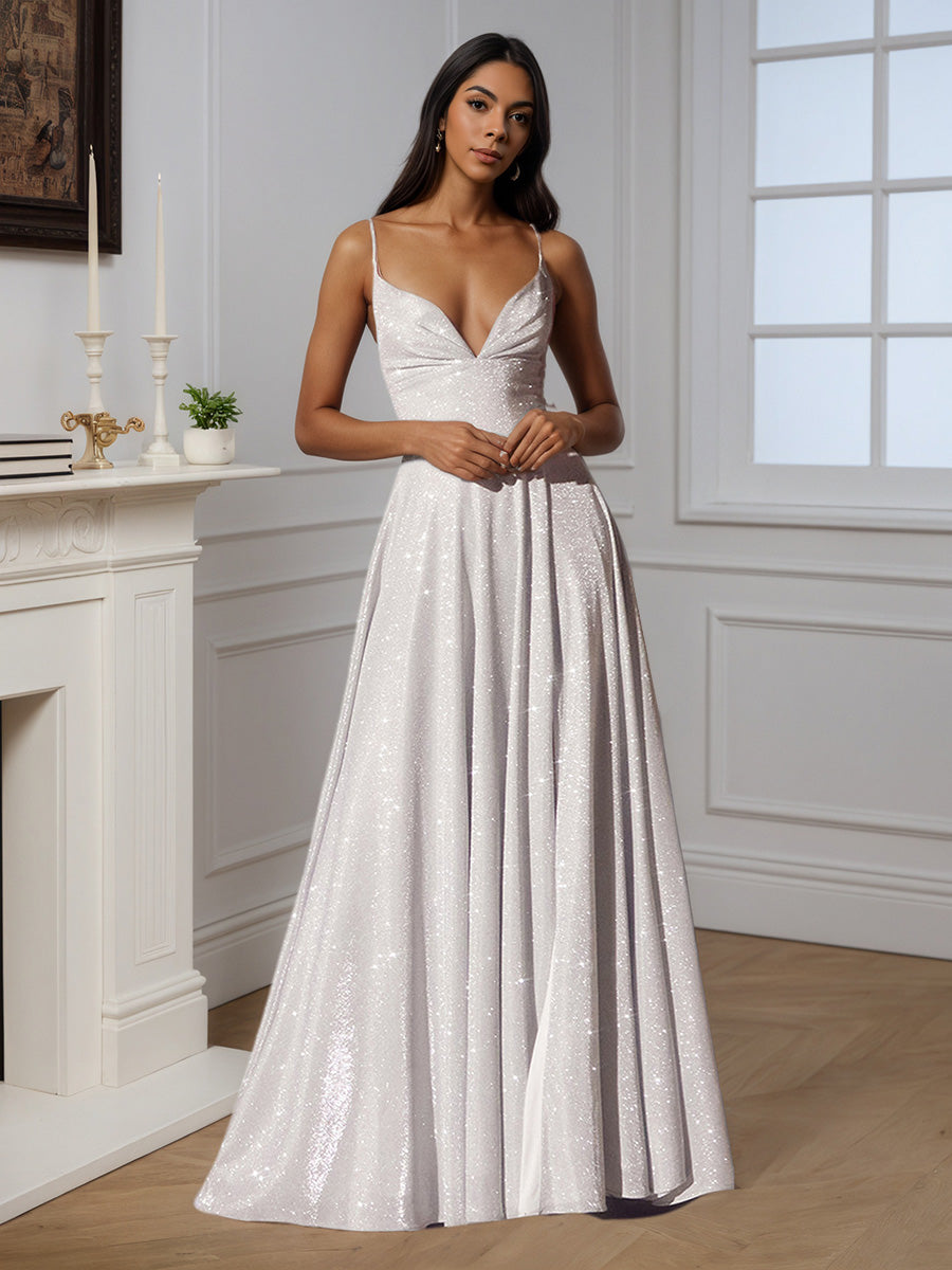 Cicinia Robe de Soirée Blanc Longue A-Line à Bretelles Spaghetti Longueur Sol Élégante
