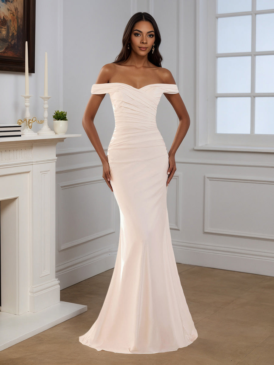 Cicinia Robe de Soirée Ivoire Longue Sirène Épaules Dénudées Traîne Balayée