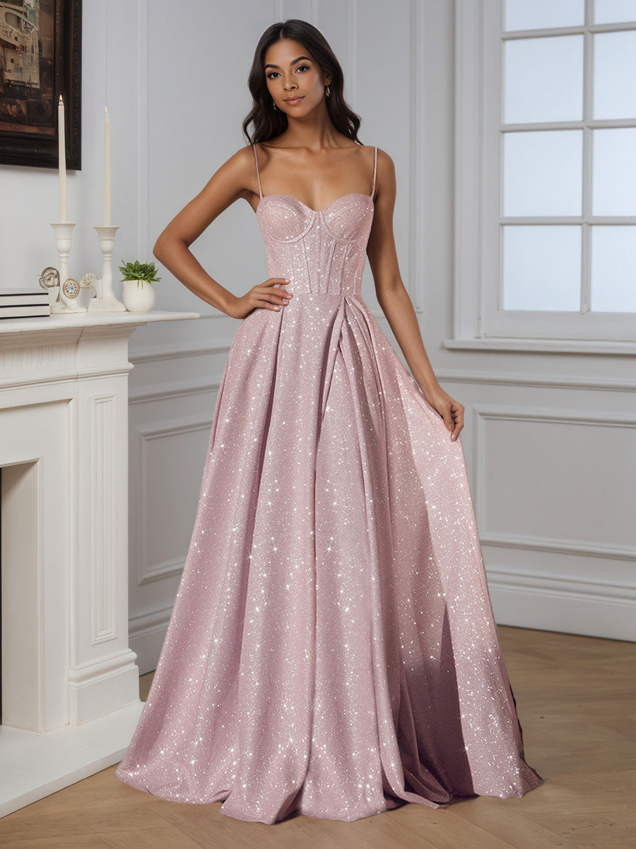 Cicinia ROSE_POUDRE Robe de Soirée Longue A-Line à Bretelles Spaghetti Décolleté Cœur