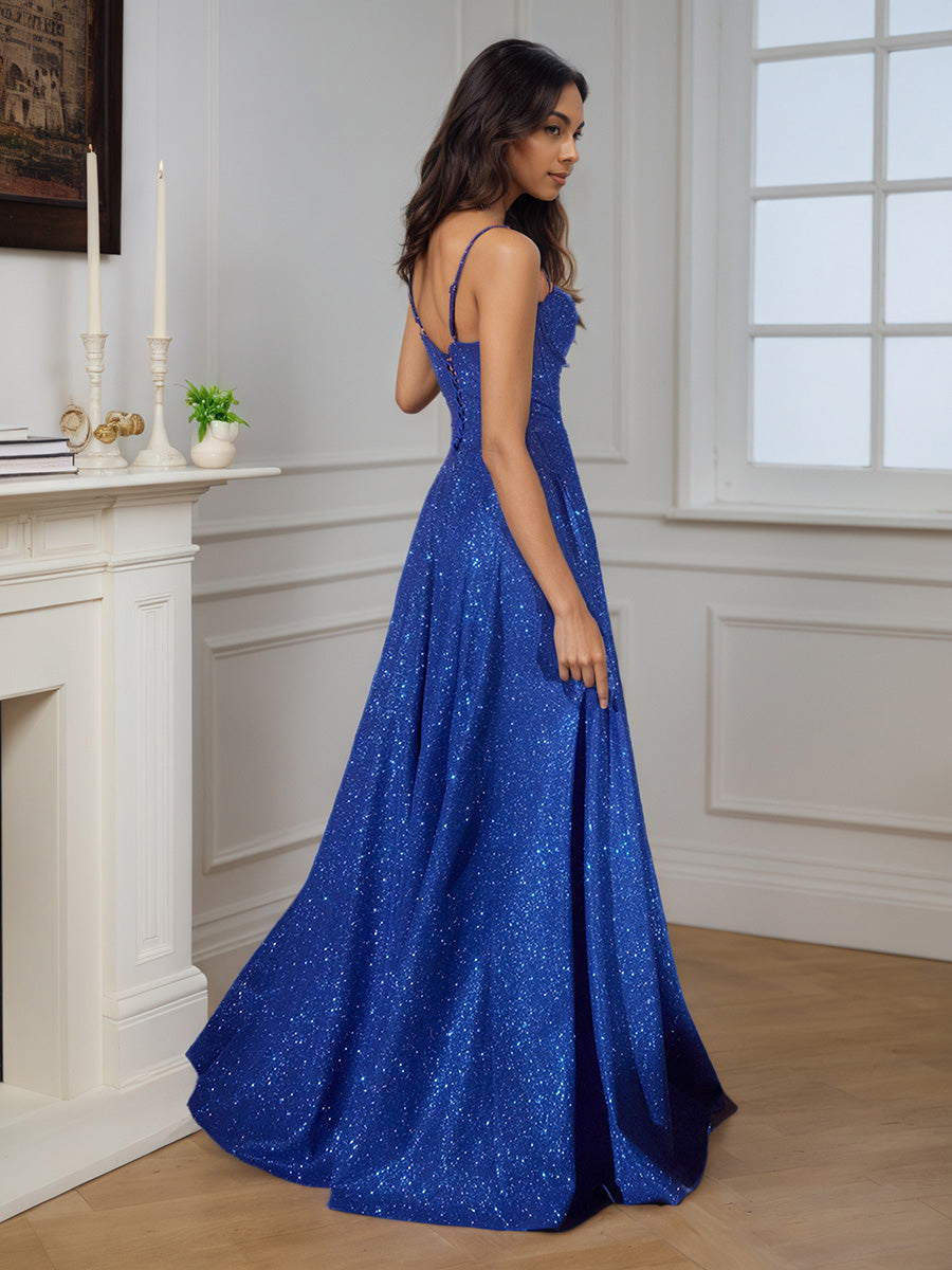 Cicinia Bleu Royal Robe de Soirée Longue A-Line à Bretelles Spaghetti Décolleté Cœur