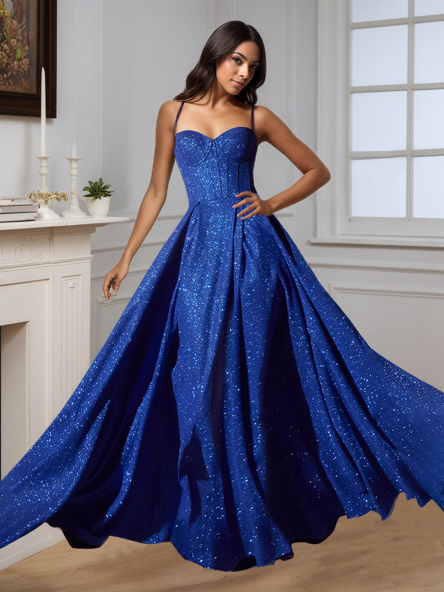 Cicinia Bleu Royal Robe de Soirée Longue A-Line à Bretelles Spaghetti Décolleté Cœur