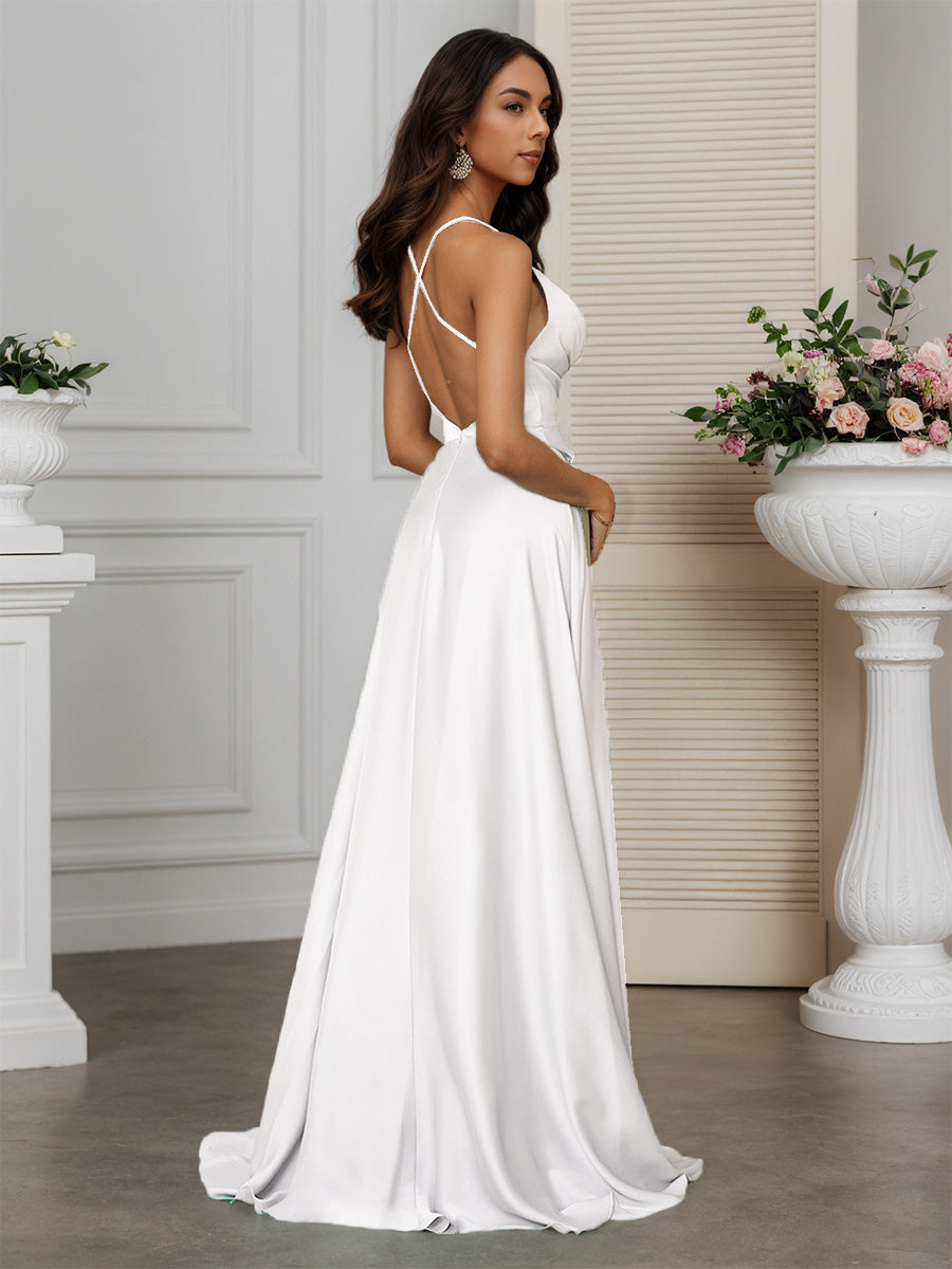 Cicinia Robe de Mariée A-Line en Satin Doux Bretelles Croisées Encolure Boule