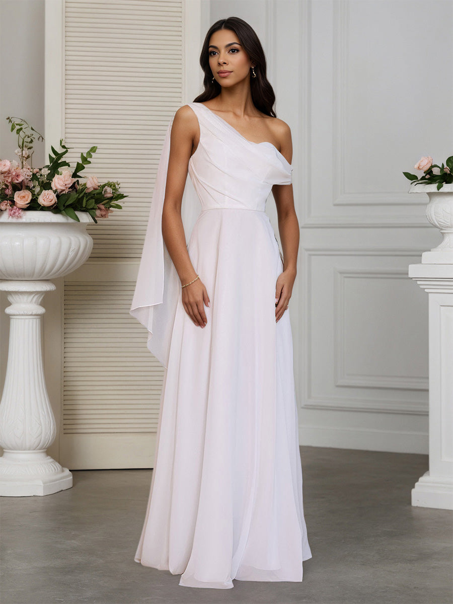 Cicinia Ivoire Robe de Mariée Longue A-Line en Mousseline Une Épaule Longueur Sol