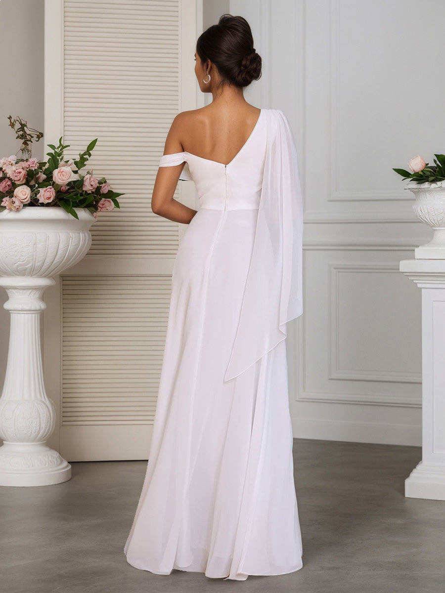 Cicinia Ivoire Robe de Mariée Longue A-Line en Mousseline Une Épaule Longueur Sol