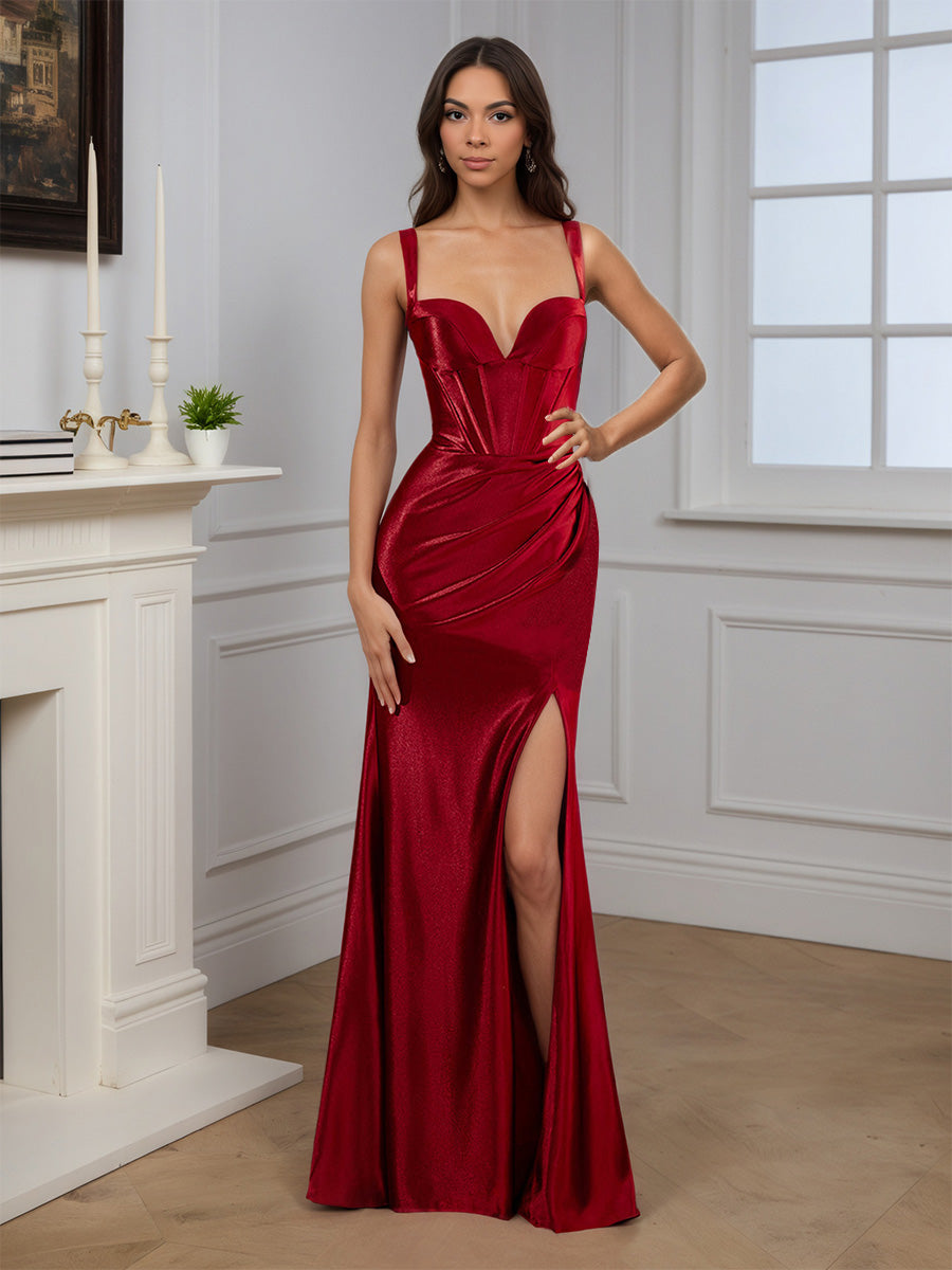 Cicinia Robe de Soirée BORDEAUX Sirène en Satin Longueur Sol à Bretelles