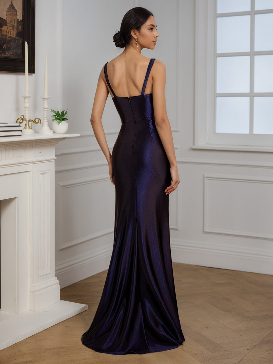 Cicinia Bleu Marine Foncé Robe de Soirée Sirène en Satin Longueur Sol à Bretelles