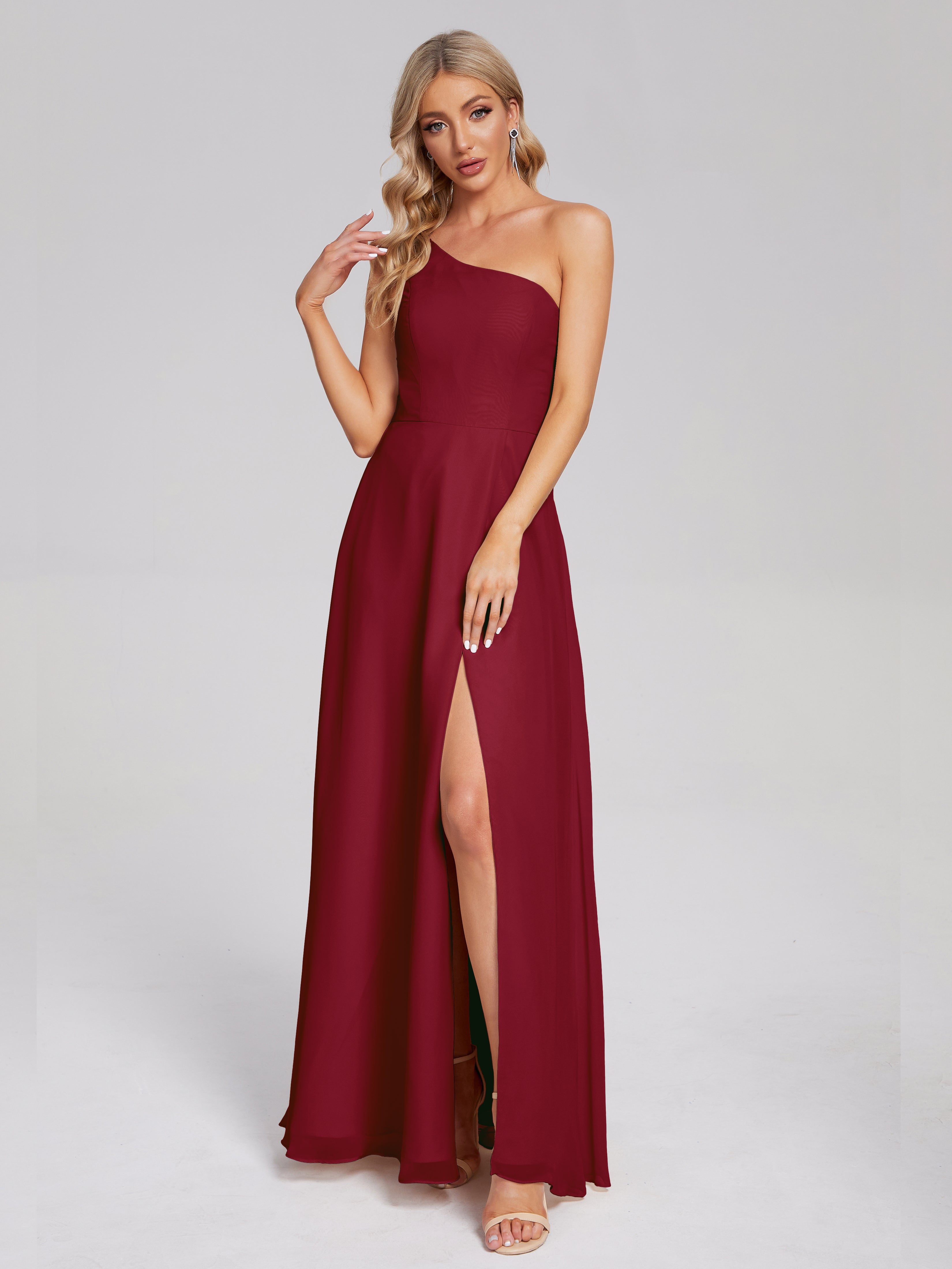 Modestes Robes De Demoiselle D'Honneur Bordeaux Fendue Seule-Épaule Simple Mousseline Robes Demoiselle D'Honneur