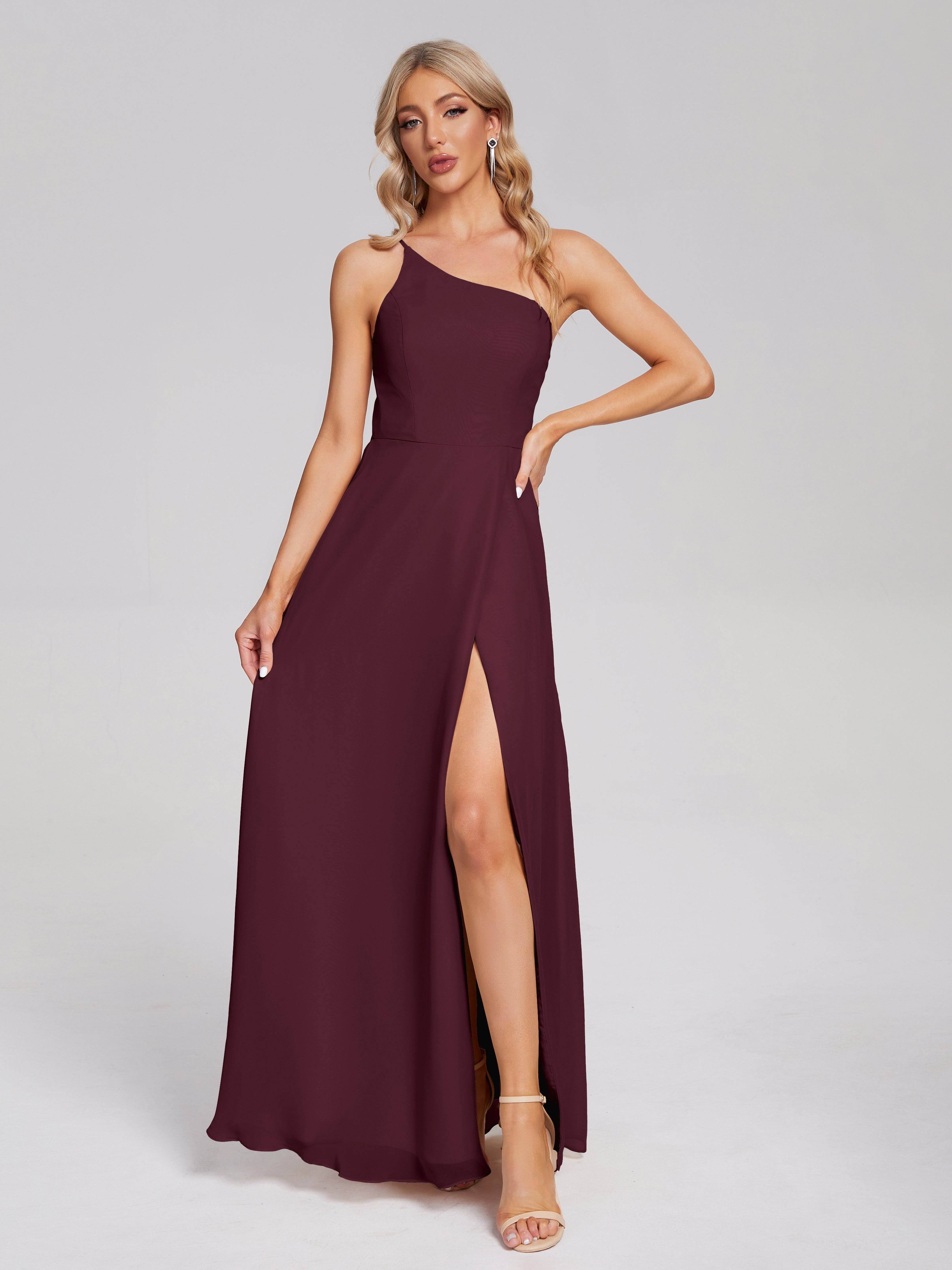 Robes De Demoiselle D'Honneur Cabernet Fendue Seule-Épaule Simple Mousseline Robes Demoiselle D'Honneur