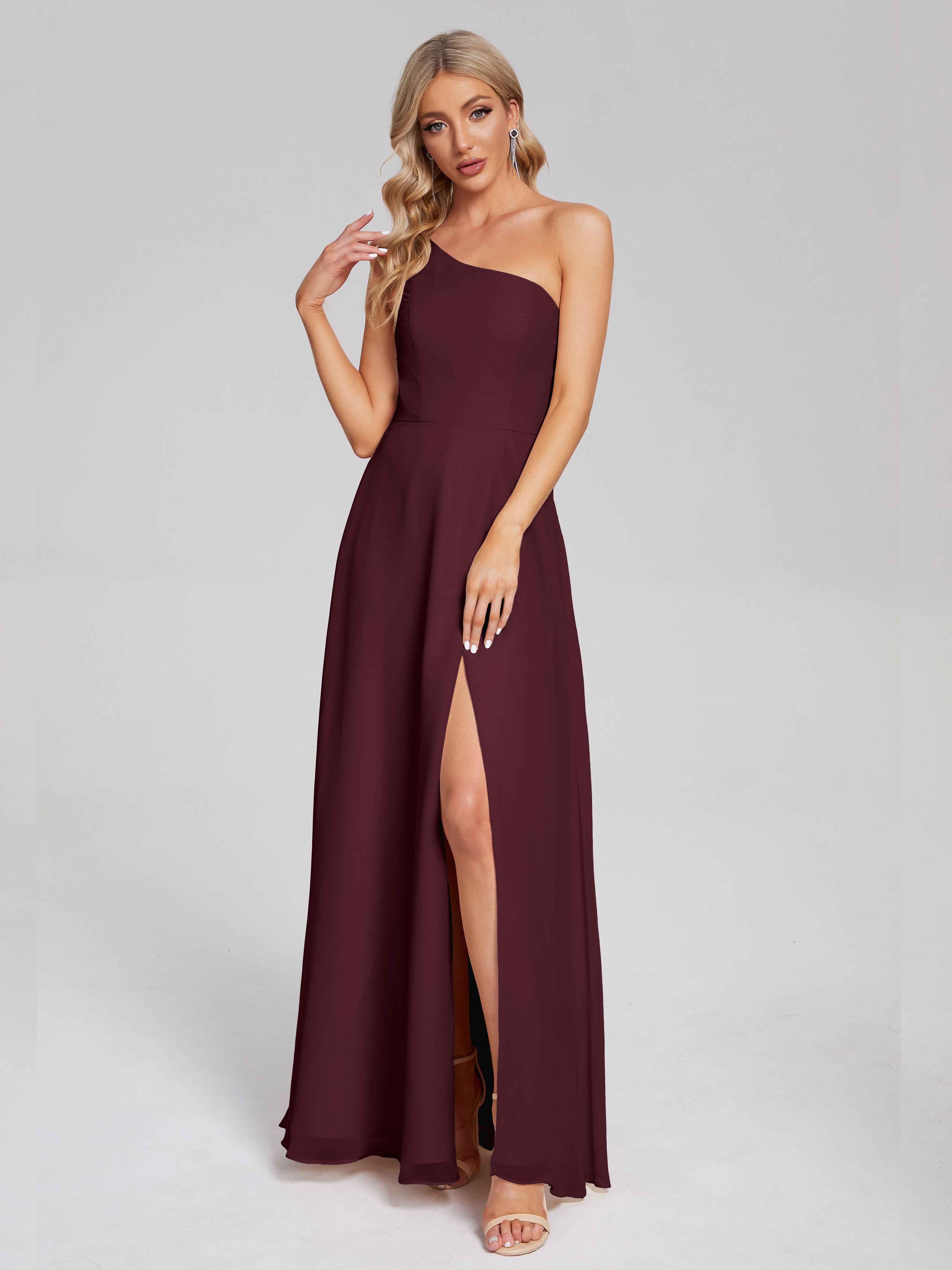 Robes De Demoiselle D'Honneur Cabernet Fendue Seule-Épaule Simple Mousseline Robes Demoiselle D'Honneur