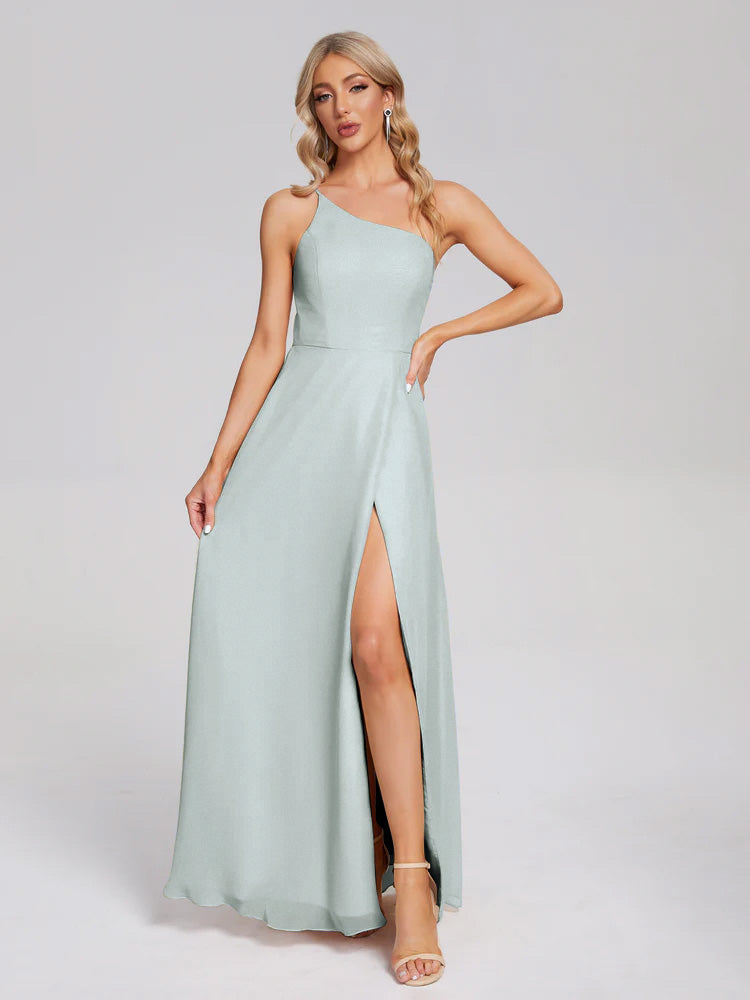Robe Demoiselle D Honneur Vert Celadon Fendue Seule-Épaule Simple Mousseline Robes Demoiselle D'Honneur
