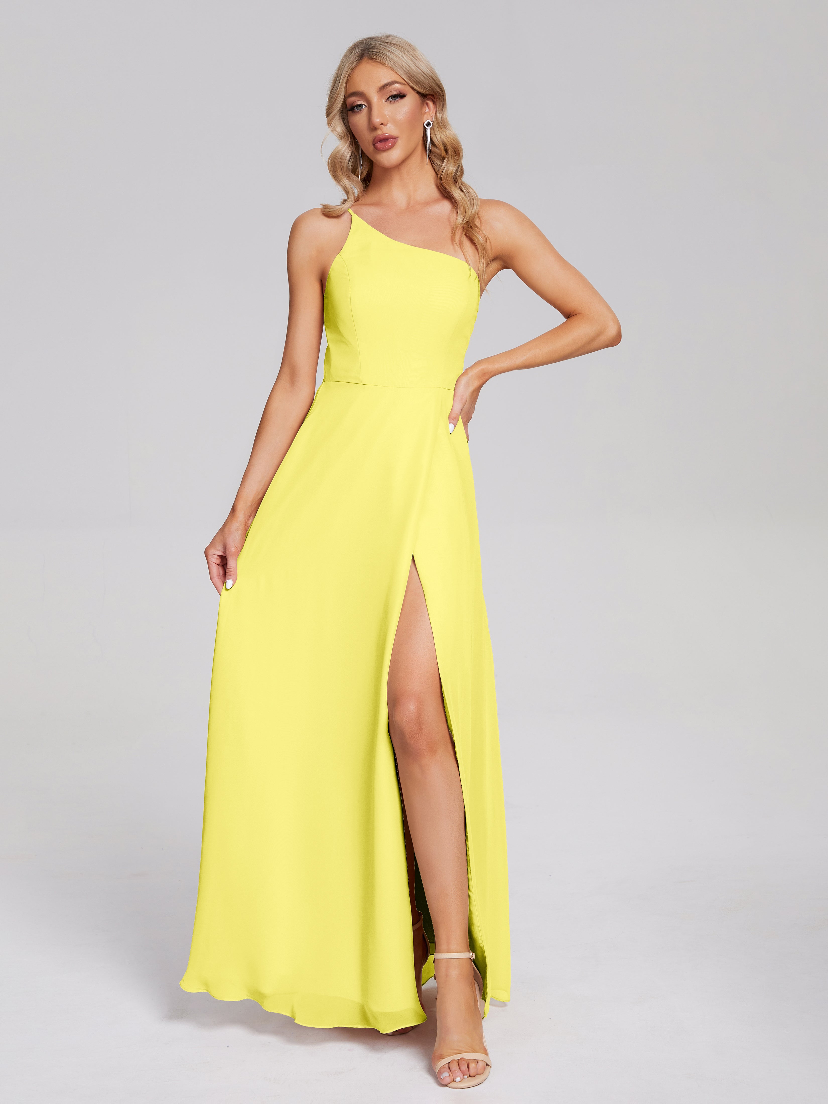 Robes De Demoiselle D'Honneur Citron Fendue Seule-Épaule Simple Mousseline Robes Demoiselle D'Honneur