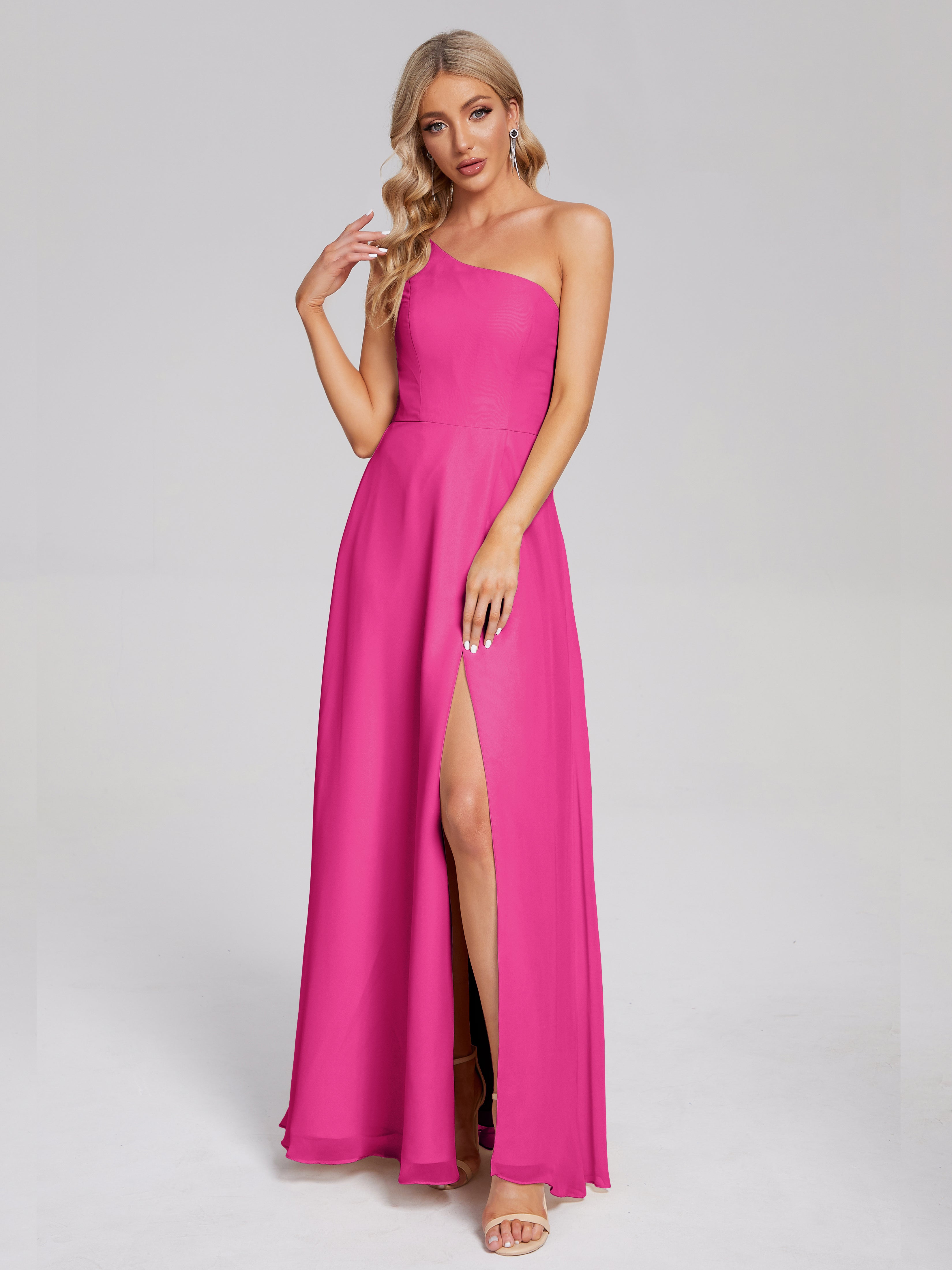 Robes De Demoiselle D'Honneur Couleur Rose Fuchsia Fendue Seule-Épaule Simple Mousseline Robes Demoiselle D'Honneur