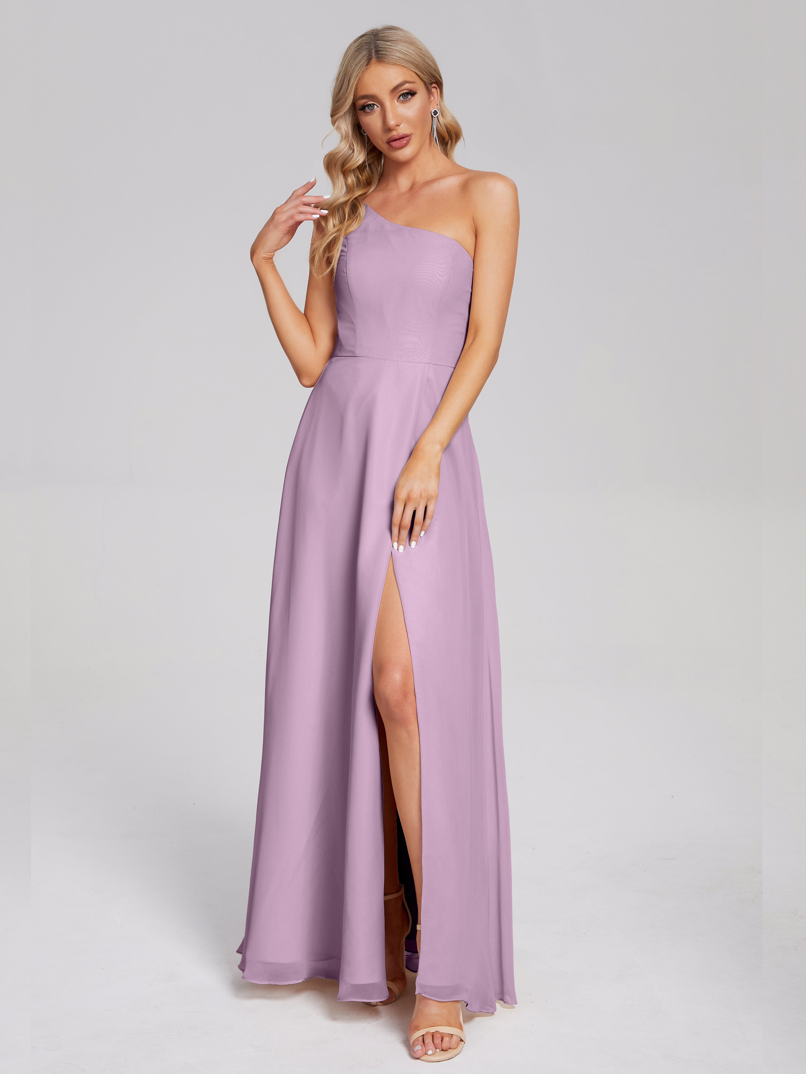 Robes De Demoiselle D'Honneur Glycine Fendue Seule-Épaule Simple Mousseline Robes Demoiselle D'Honneur