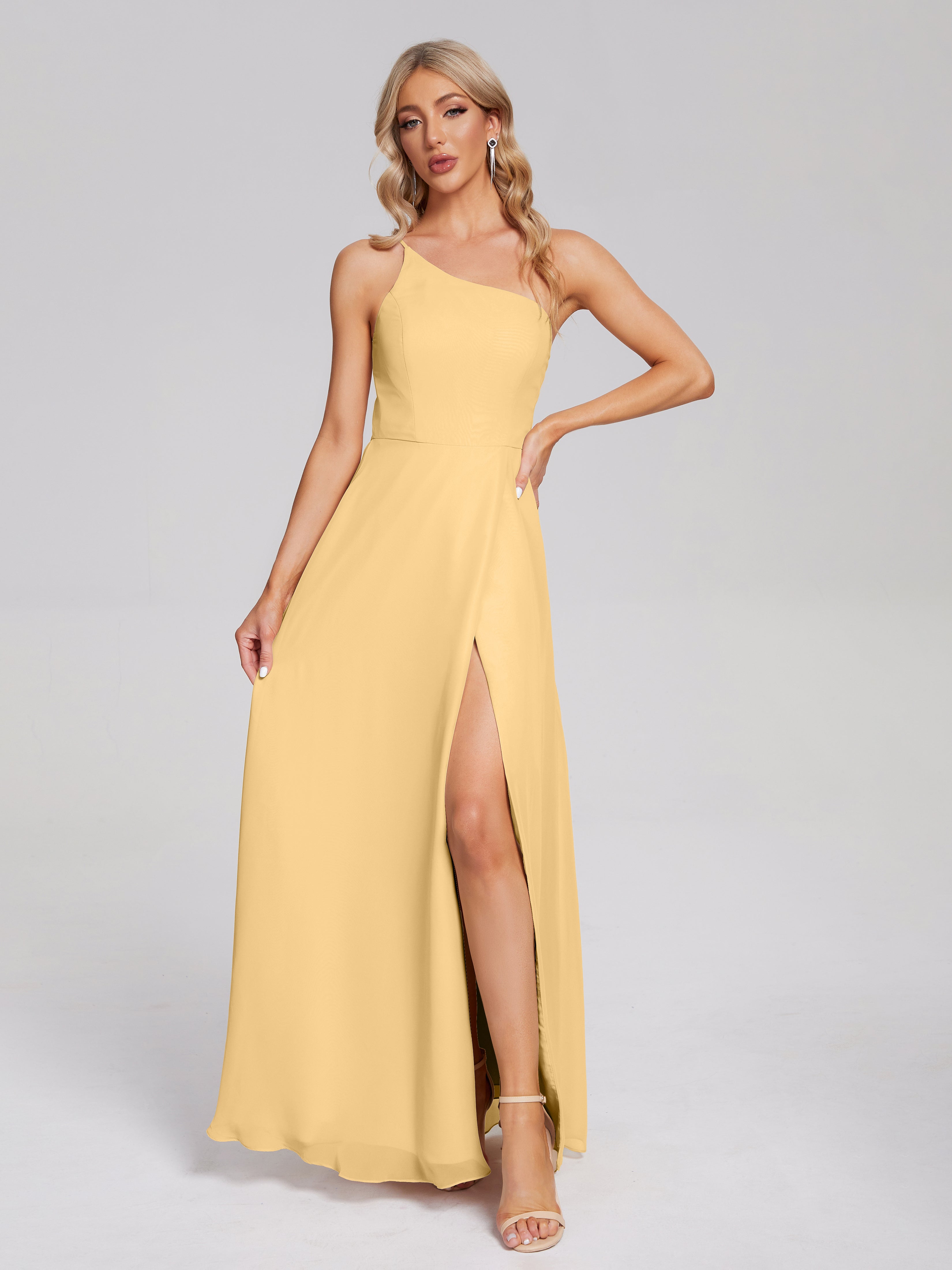 Longues Robes De Demoiselle D'Honneur En Or Fendue Seule-Épaule Simple Mousseline Robes Demoiselle D'Honneur