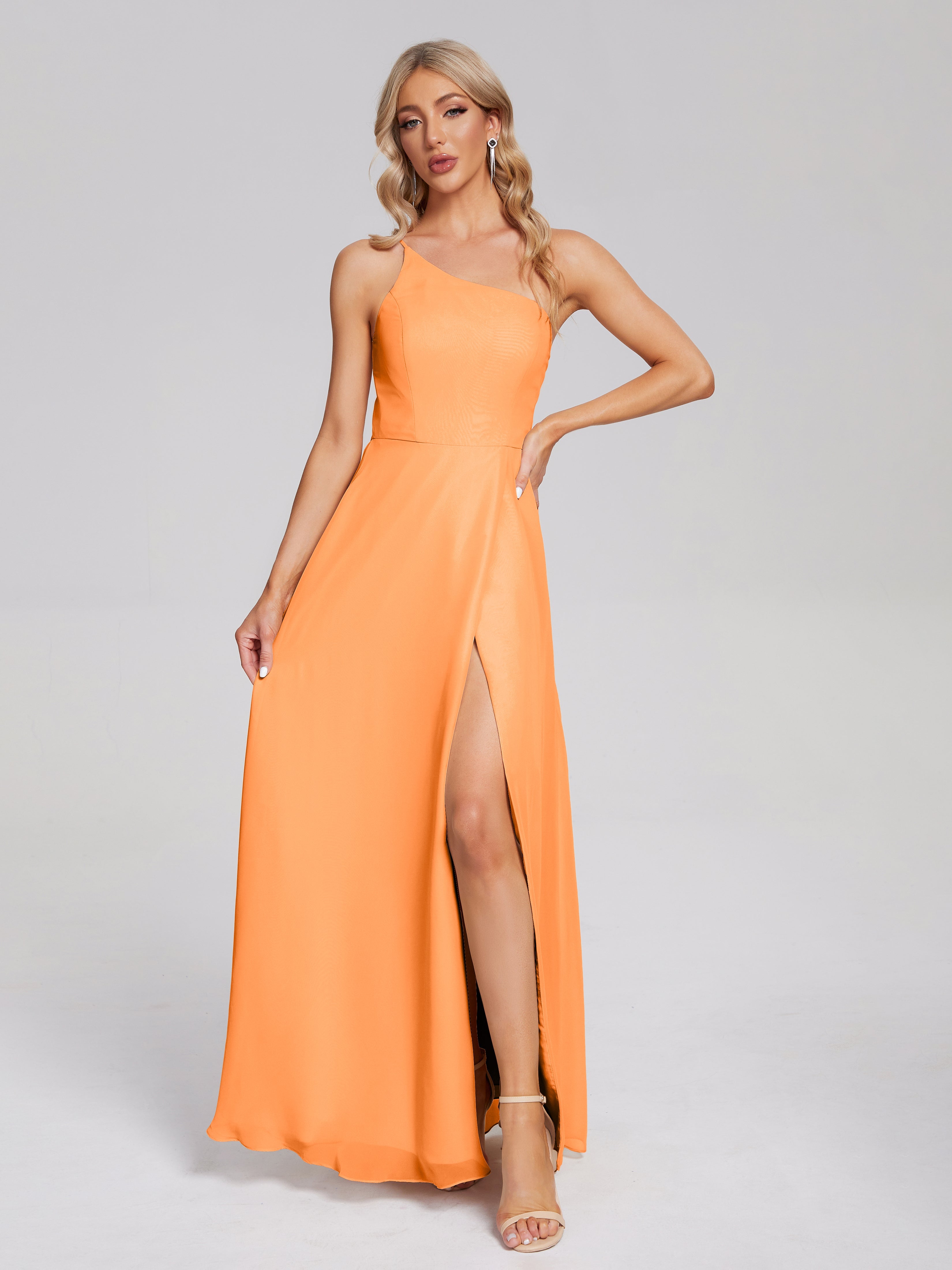 Robes De Demoiselle D'Honneur Orange Fendue Seule-Épaule Simple Mousseline Robes Demoiselle D'Honneur