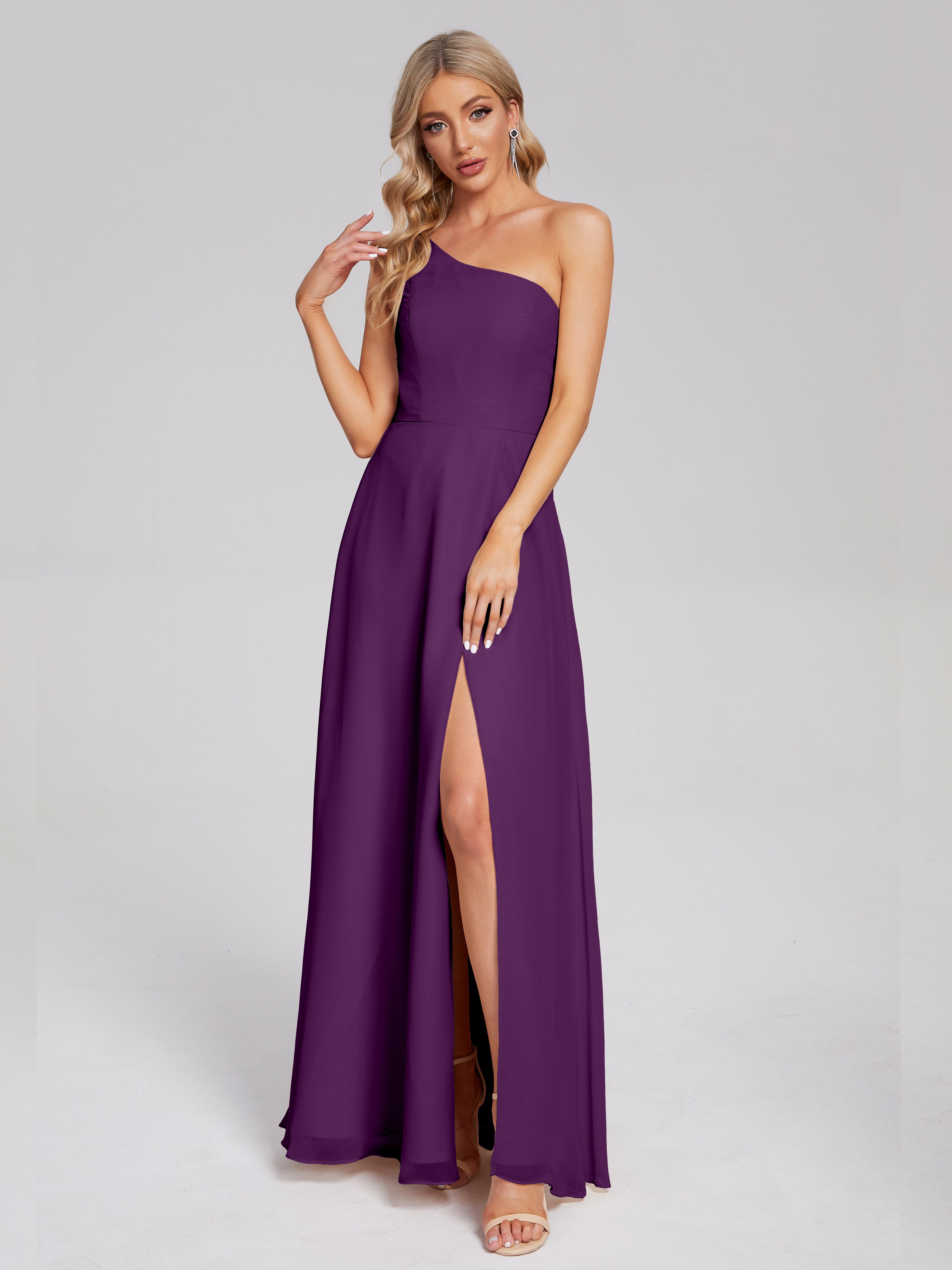 Robes De Demoiselle D'Honneur En Raisin Fendue Seule-Épaule Simple Mousseline Robes Demoiselle D'Honneur