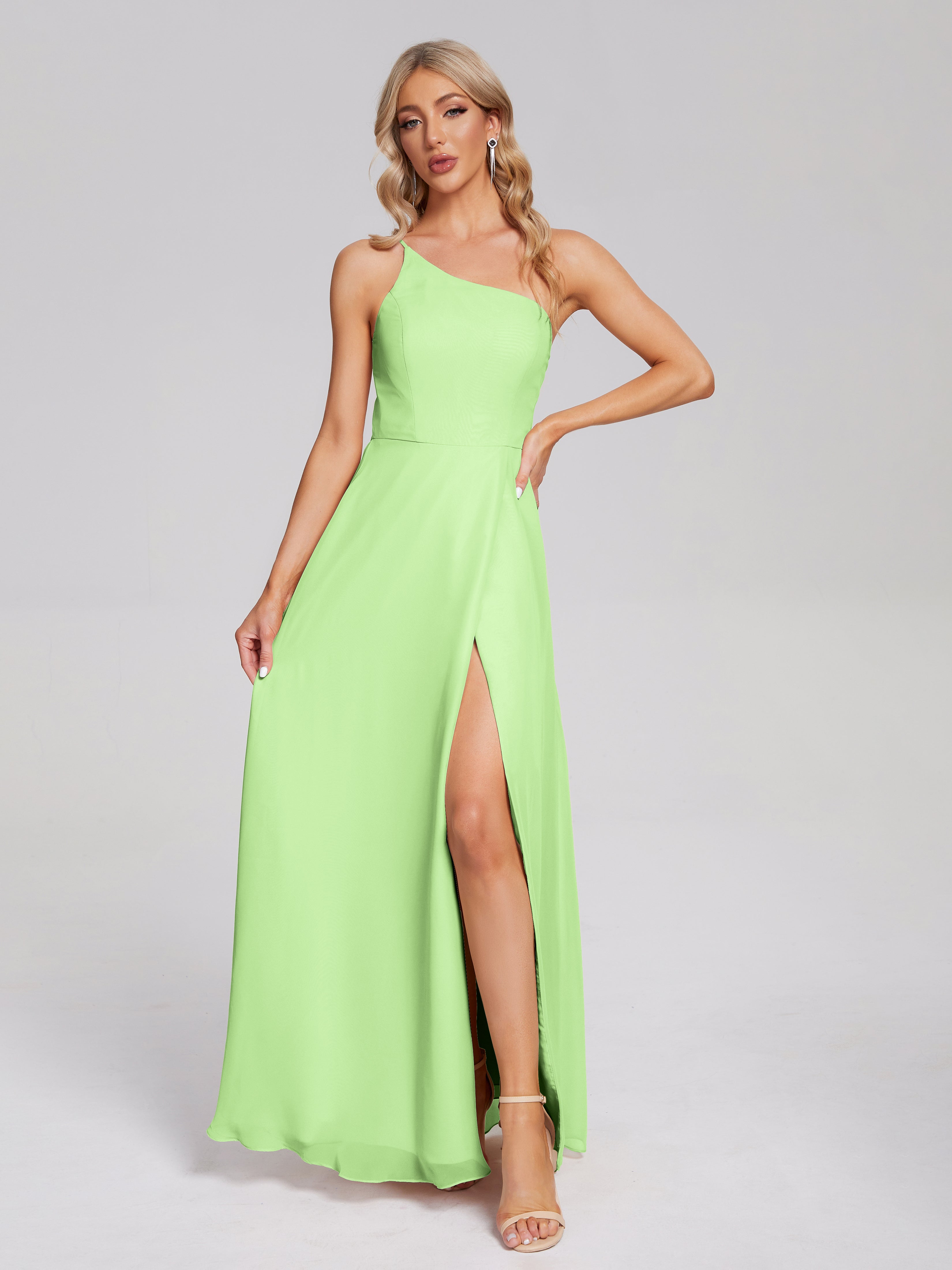 Demoiselle D'Honneur Vert Sauge Fendue Seule-Épaule Simple Mousseline Robes Demoiselle D'Honneur