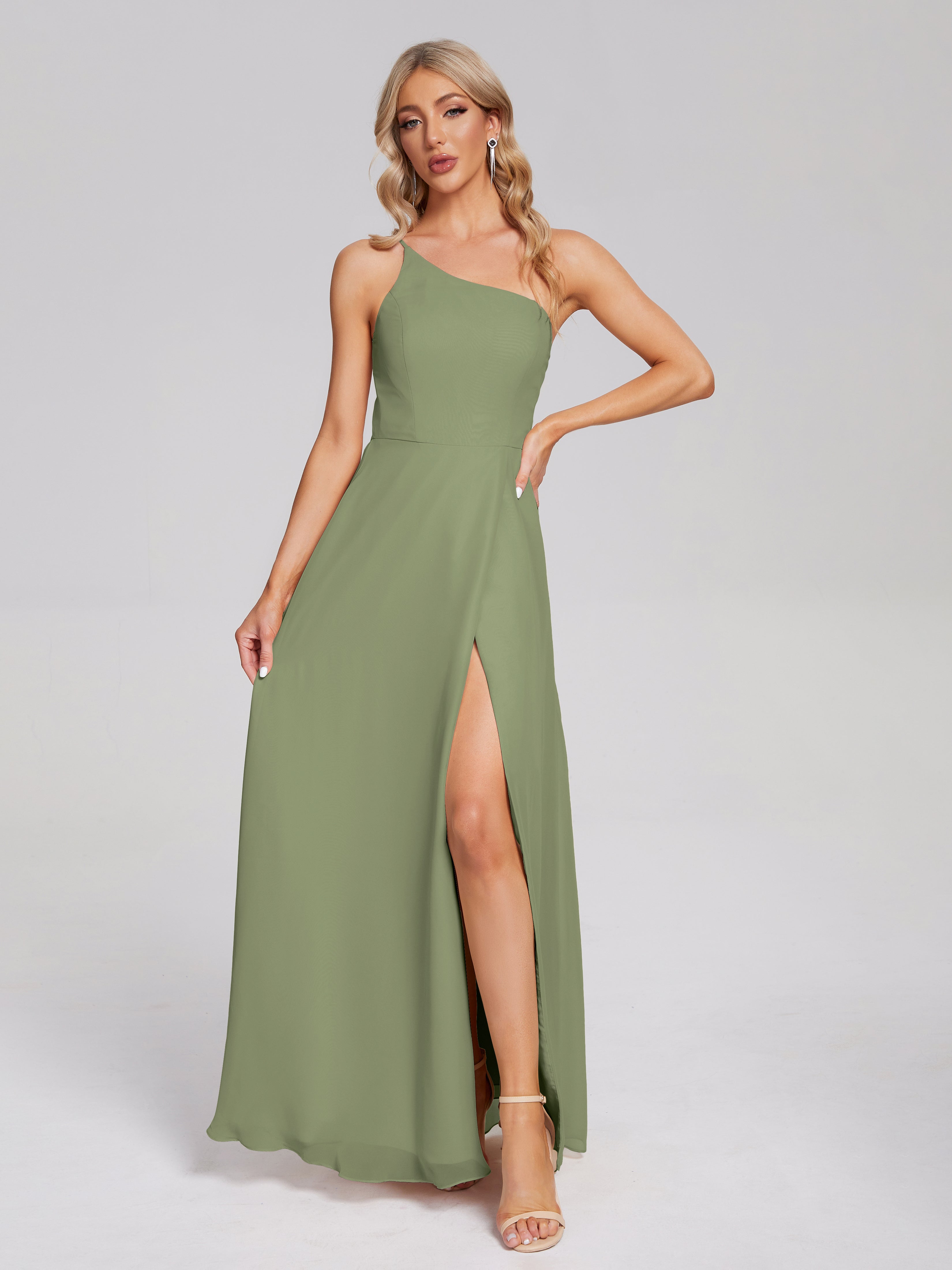 Robes De Demoiselle D'Honneur Vert Olive Fendue Seule-Épaule Simple Mousseline Robes Demoiselle D'Honneur