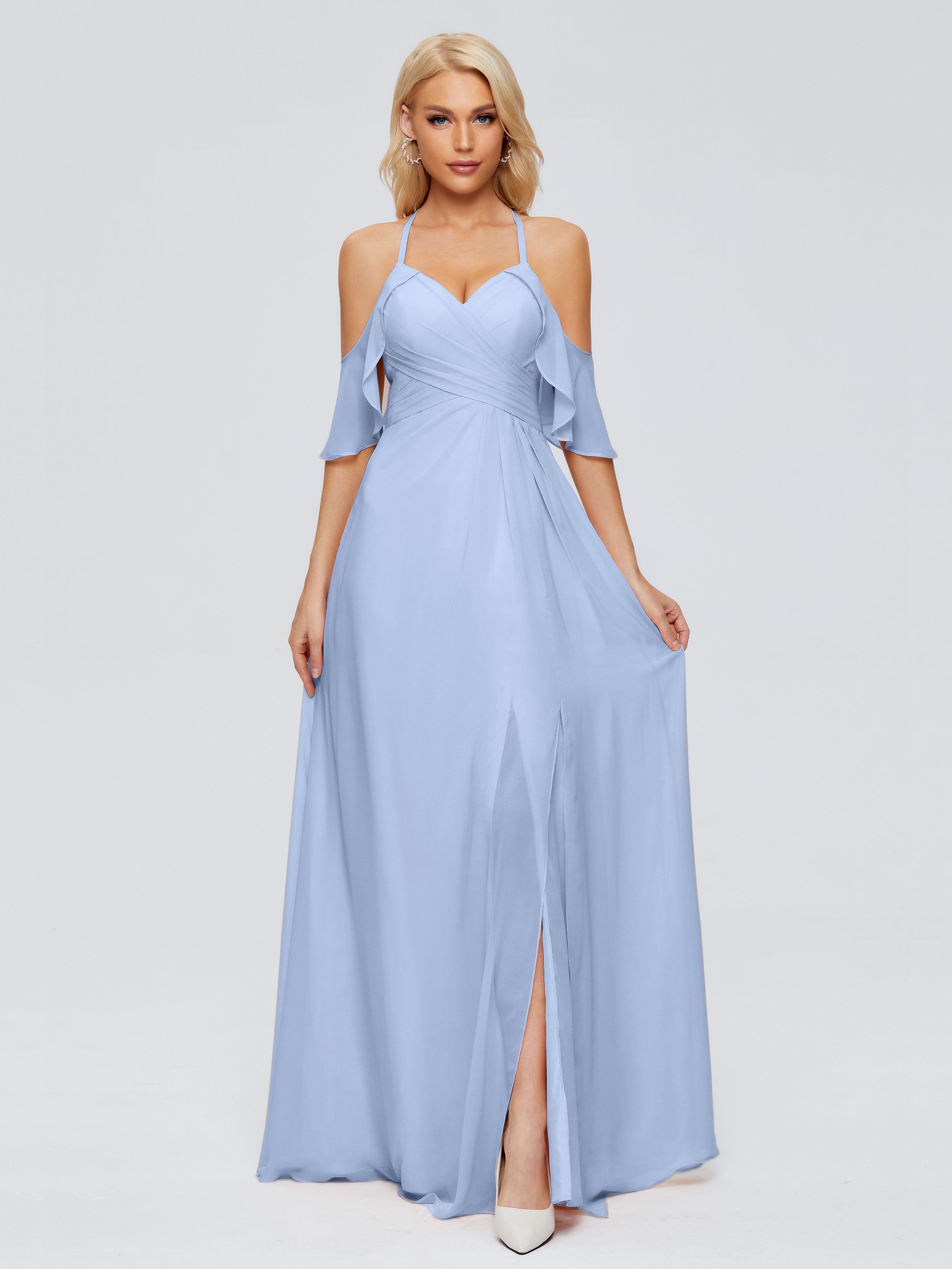 Robe Demoiselle D Honneur Bleu Ciel Trapèze Fendue Devant Mousseline Robes Demoiselle D'Honneur