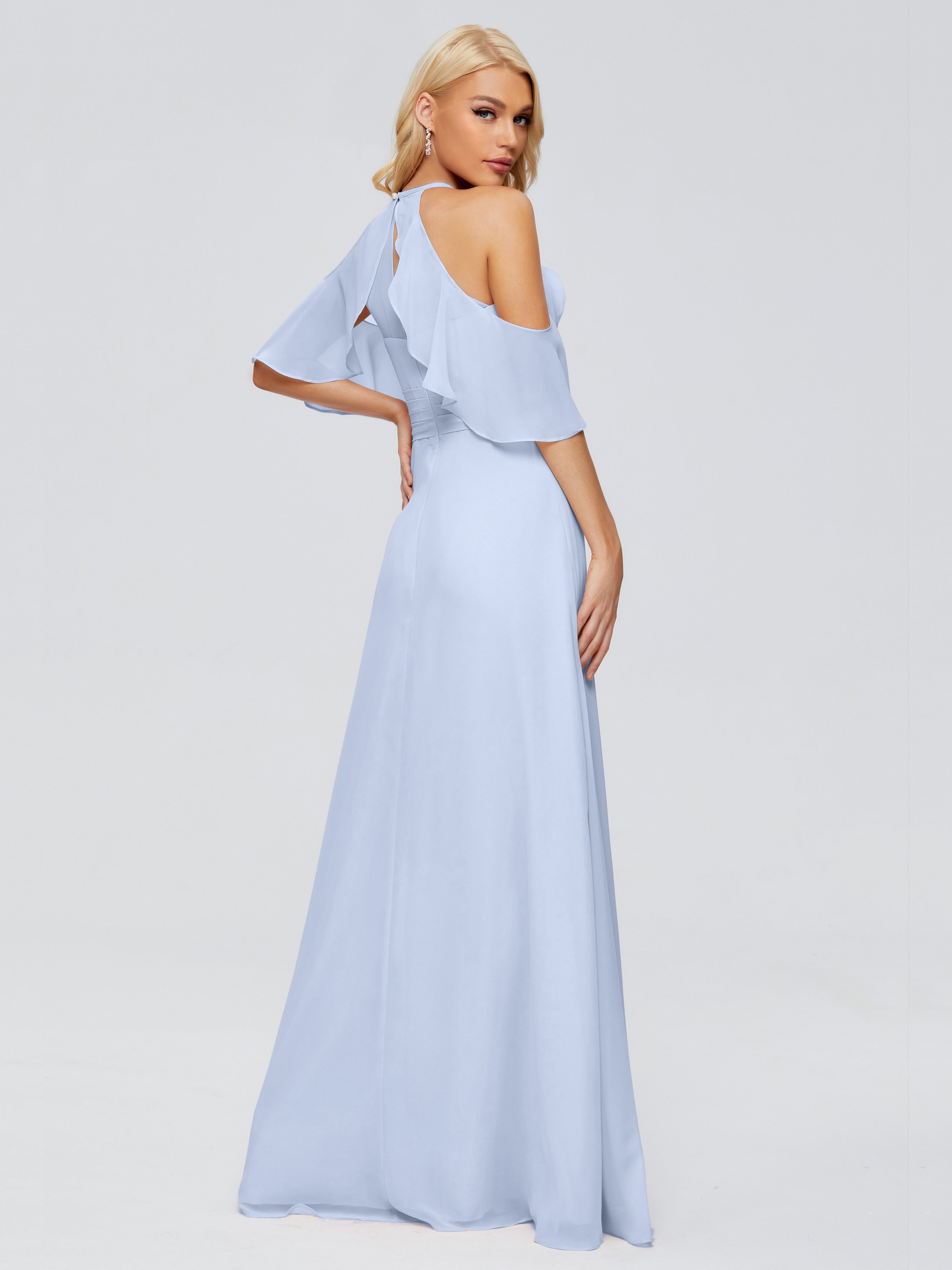 Robe Demoiselle D Honneur Bleu Ciel Trapèze Fendue Devant Mousseline Robes Demoiselle D'Honneur