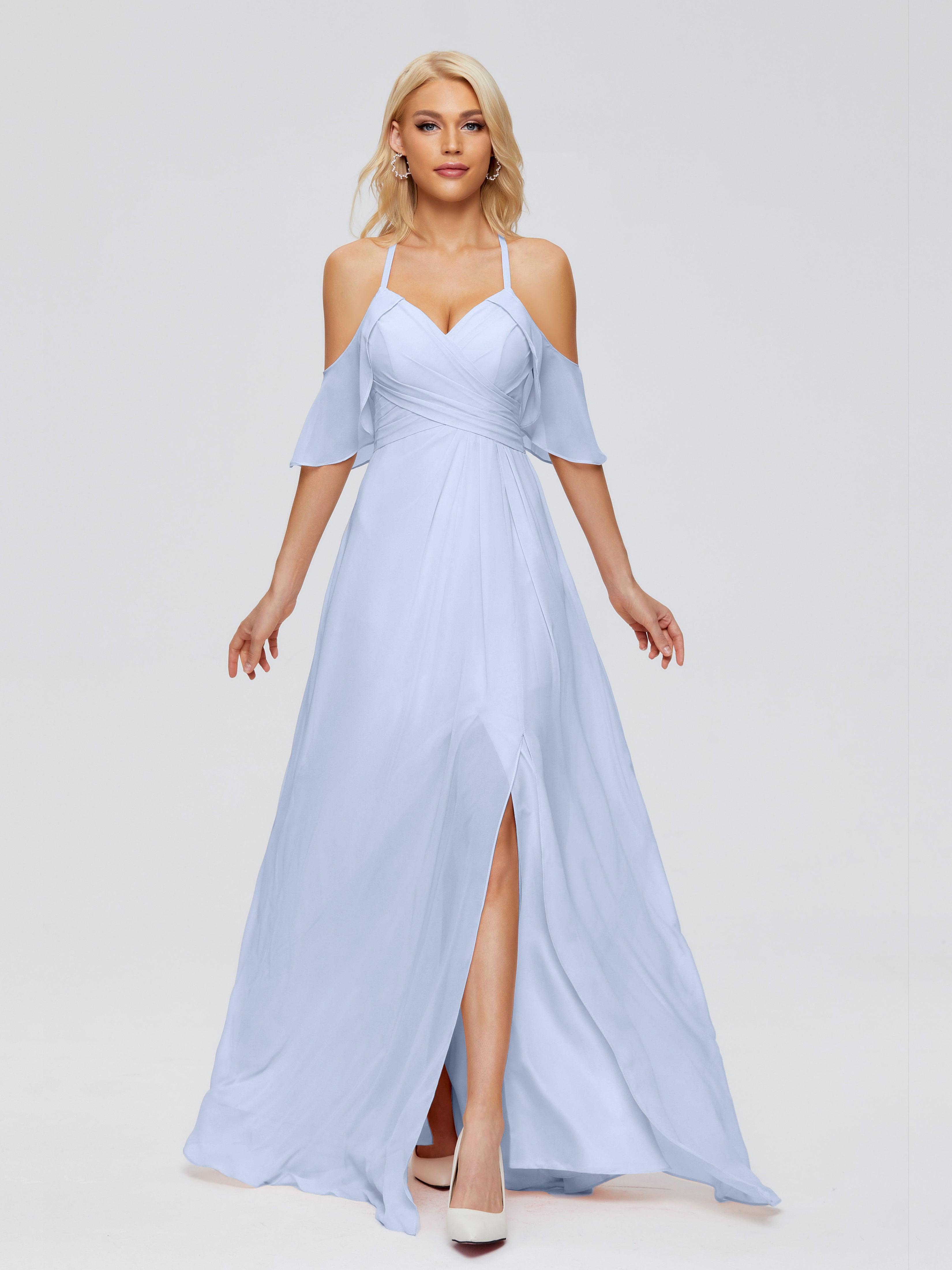 Robe Demoiselle D Honneur Bleu Ciel Trapèze Fendue Devant Mousseline Robes Demoiselle D'Honneur