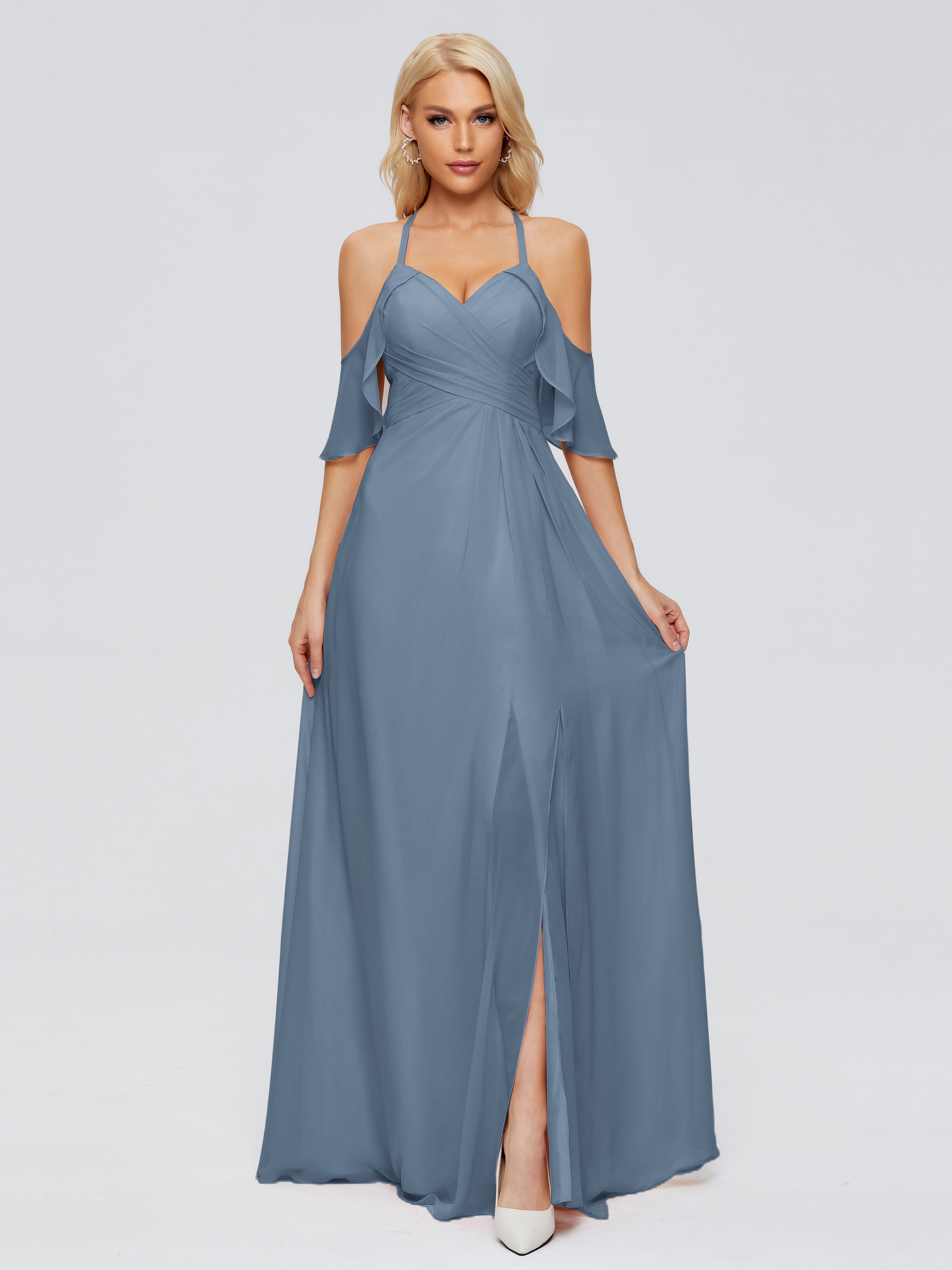 Robes De Demoiselle D'Honneur Bleu De Schiste Trapèze Fendue Devant Mousseline Robes Demoiselle D'Honneur