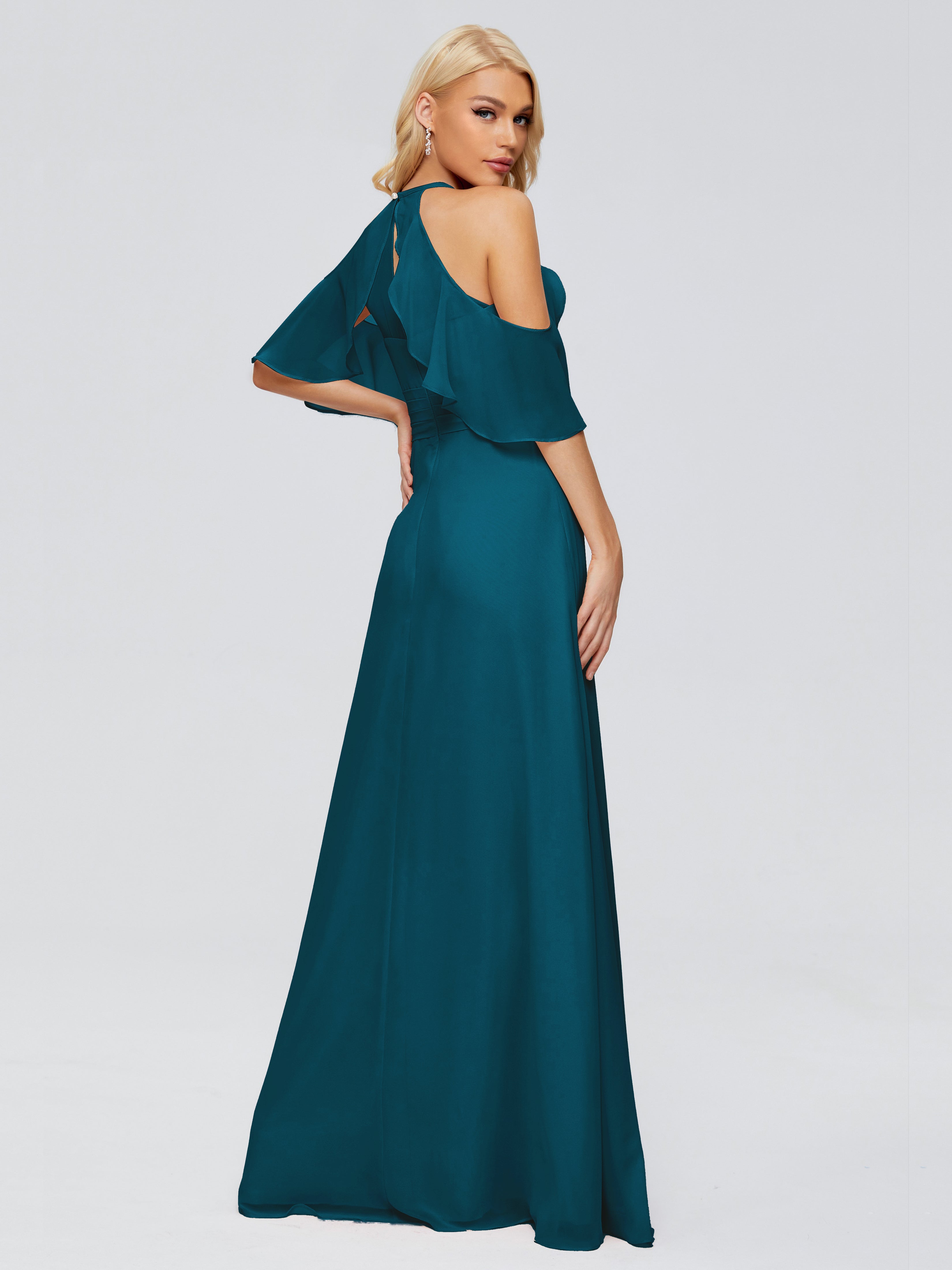 Robes De Demoiselle D'Honneur Bleu Encre Trapèze Fendue Devant Mousseline Robes Demoiselle D'Honneur