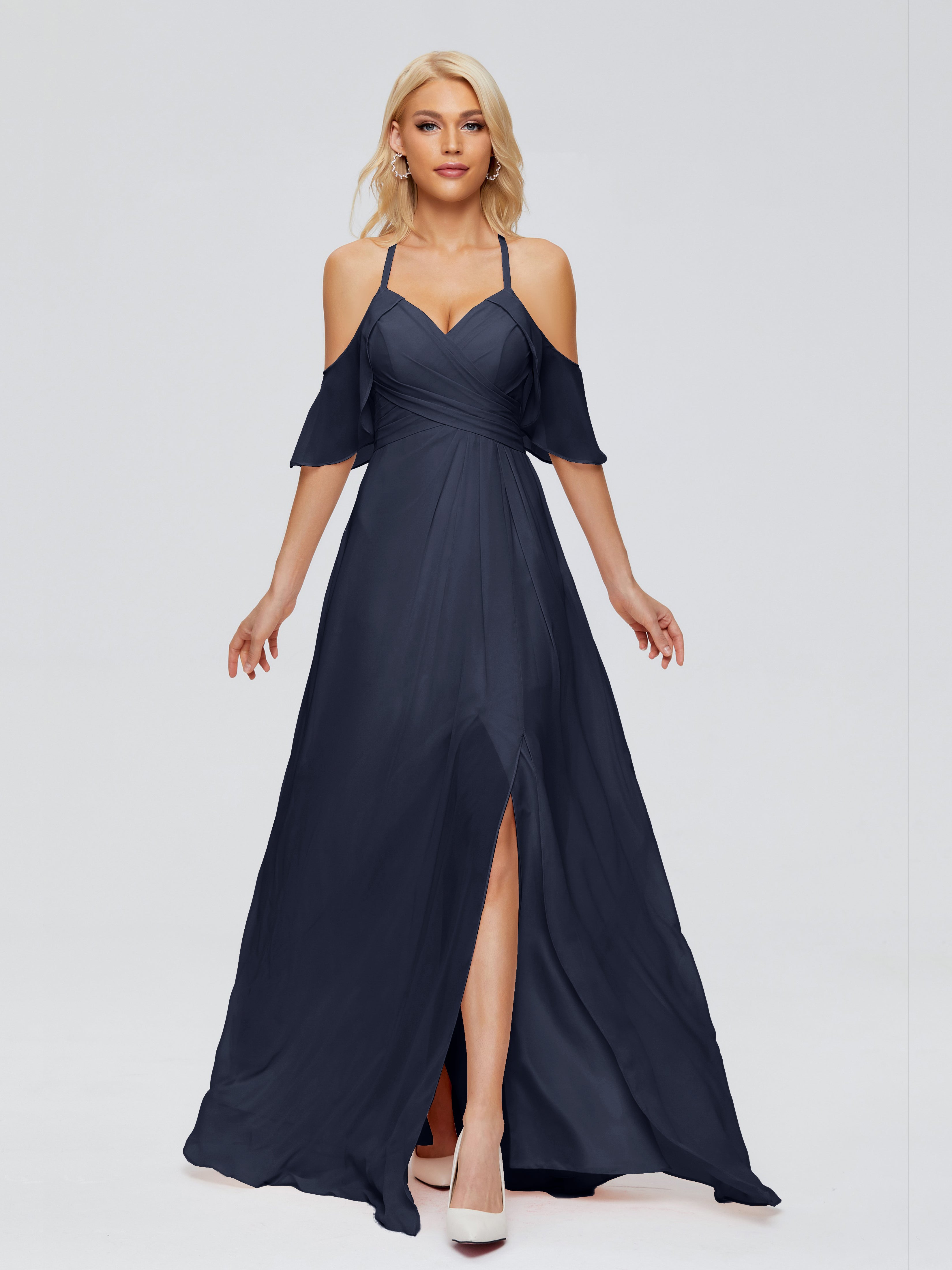 Robe Bleue Marine Demoiselle D Honneur Trapèze Fendue Devant Mousseline Robes Demoiselle D'Honneur