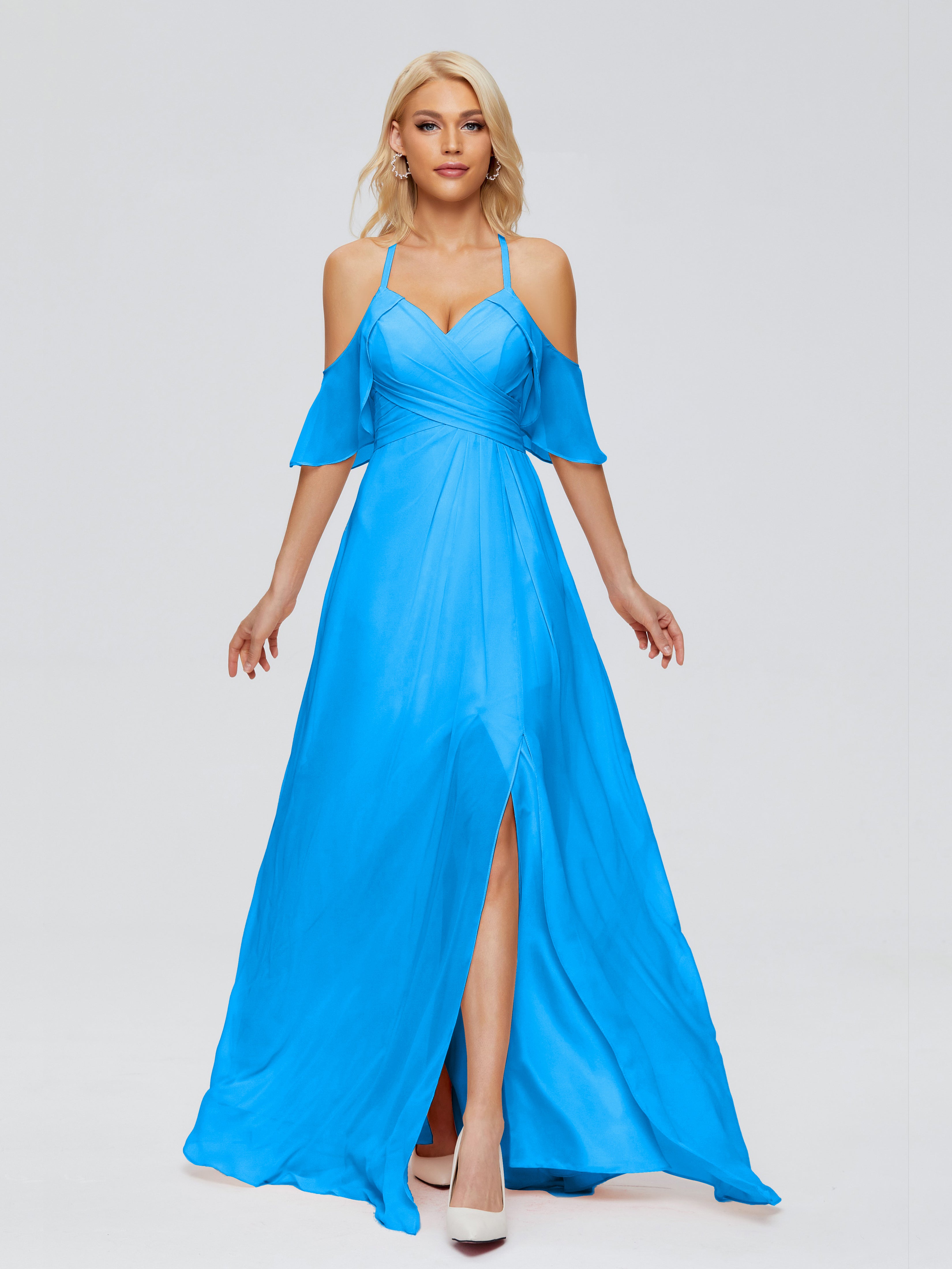 Robes De Demoiselle D'Honneur Bleu Océan Trapèze Fendue Devant Mousseline Robes Demoiselle D'Honneur