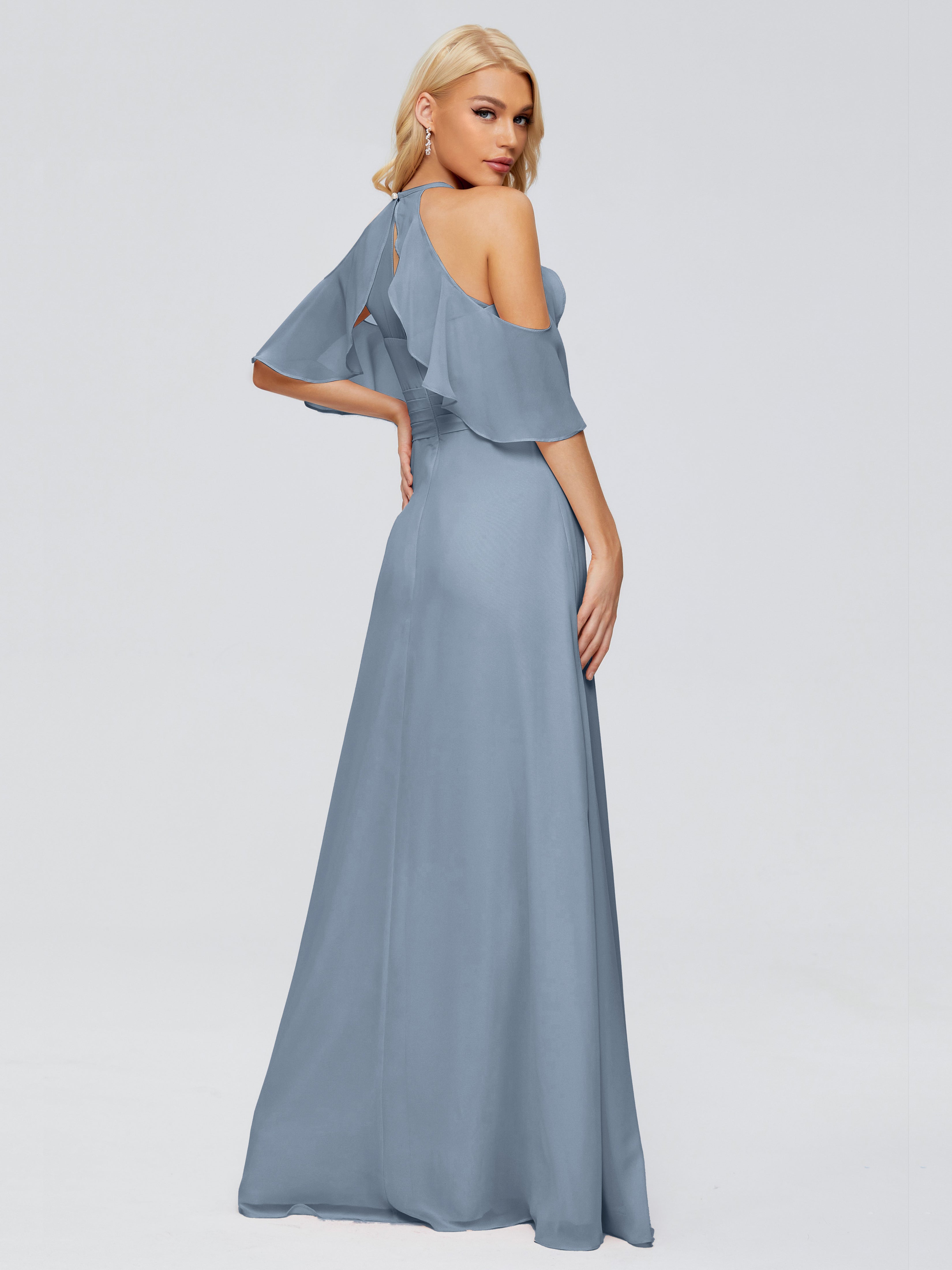 Robes De Demoiselle D'Honneur Bleu Gris Trapèze Fendue Devant Mousseline Robes Demoiselle D'Honneur
