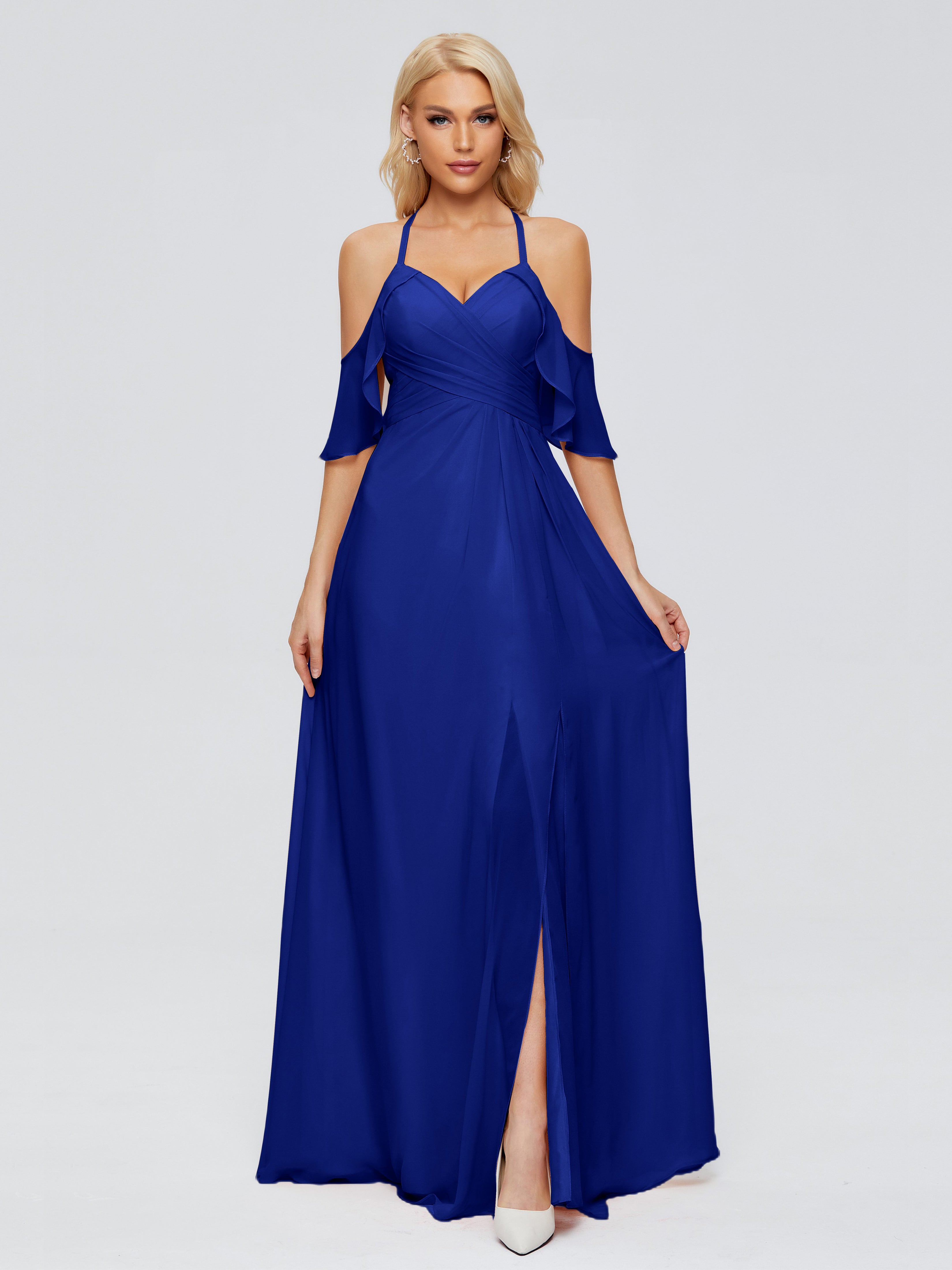 Long Robe Demoiselle D Honneur Bleu Roi Trapèze Fendue Devant Mousseline Robes Demoiselle D'Honneur