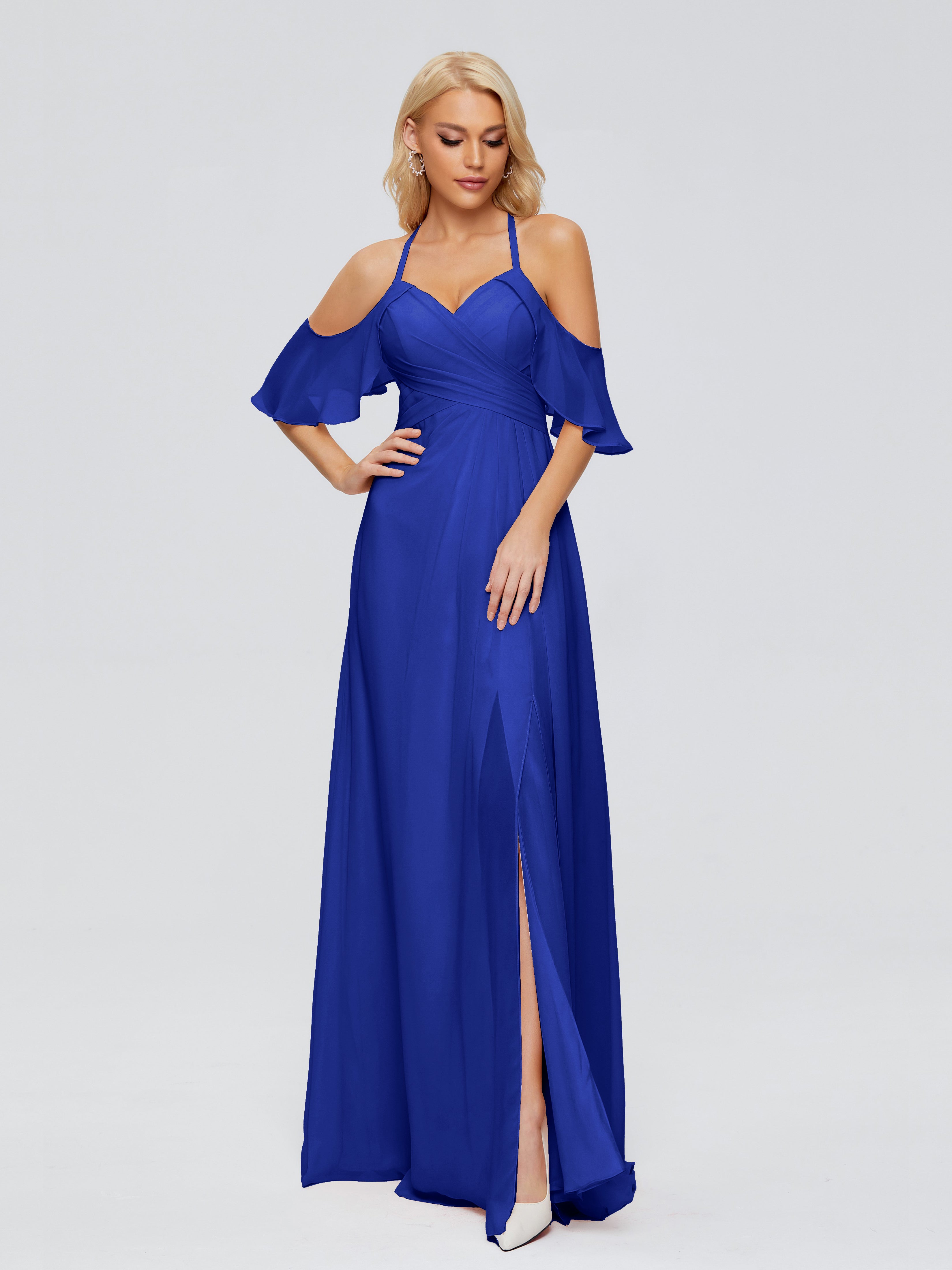 Long Robe Demoiselle D Honneur Bleu Roi Trapèze Fendue Devant Mousseline Robes Demoiselle D'Honneur